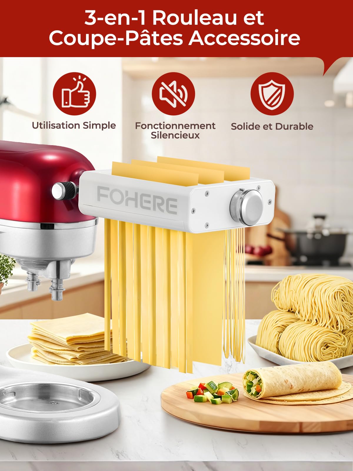 FOHERE 3-en-1 Accessoires pour Machine à Pâtes pour KitchenAid Robot Pâtissier, Comprend Rouleau à Pâtes, Coupe-Fettuccines, Coupe-Spaghettis et Brosse à Nettoyage (7 épaisseurs Réglables)