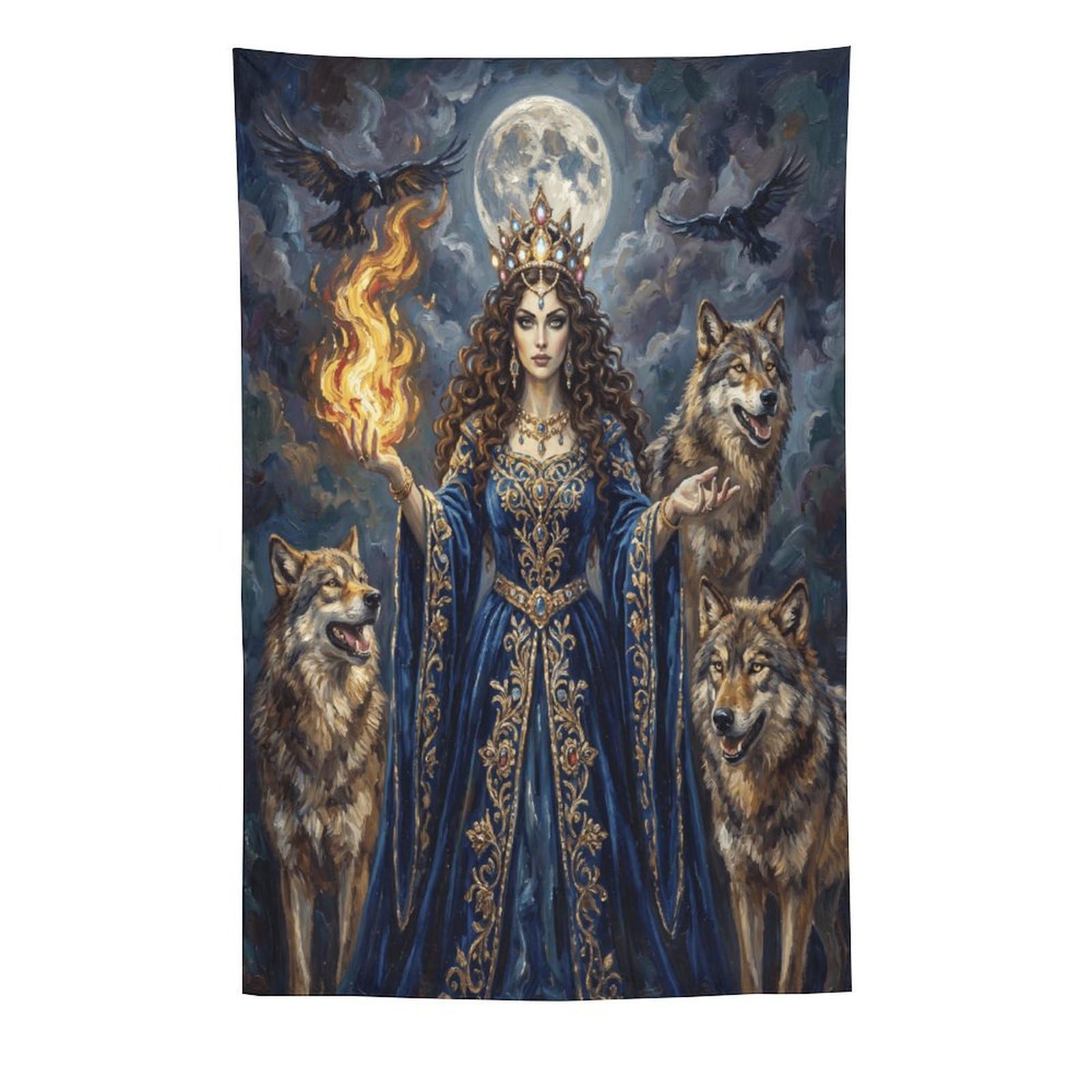 H3B8U2Y5 Wolf Goddess Blue Robe Wall Tapestry, Realistic Illustration