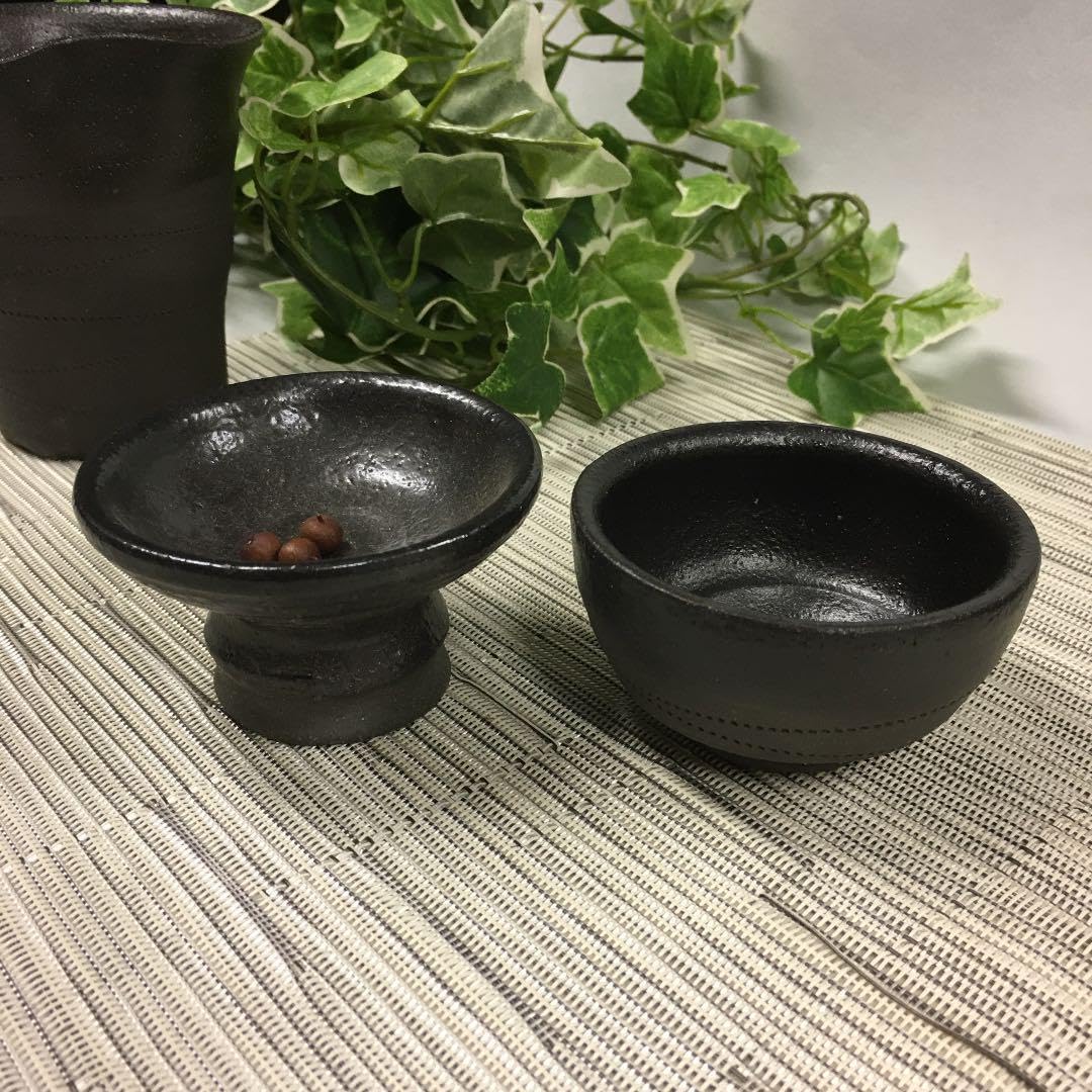 美濃焼 黒釉冷酒器、高台盃 半酒器揃 陶器