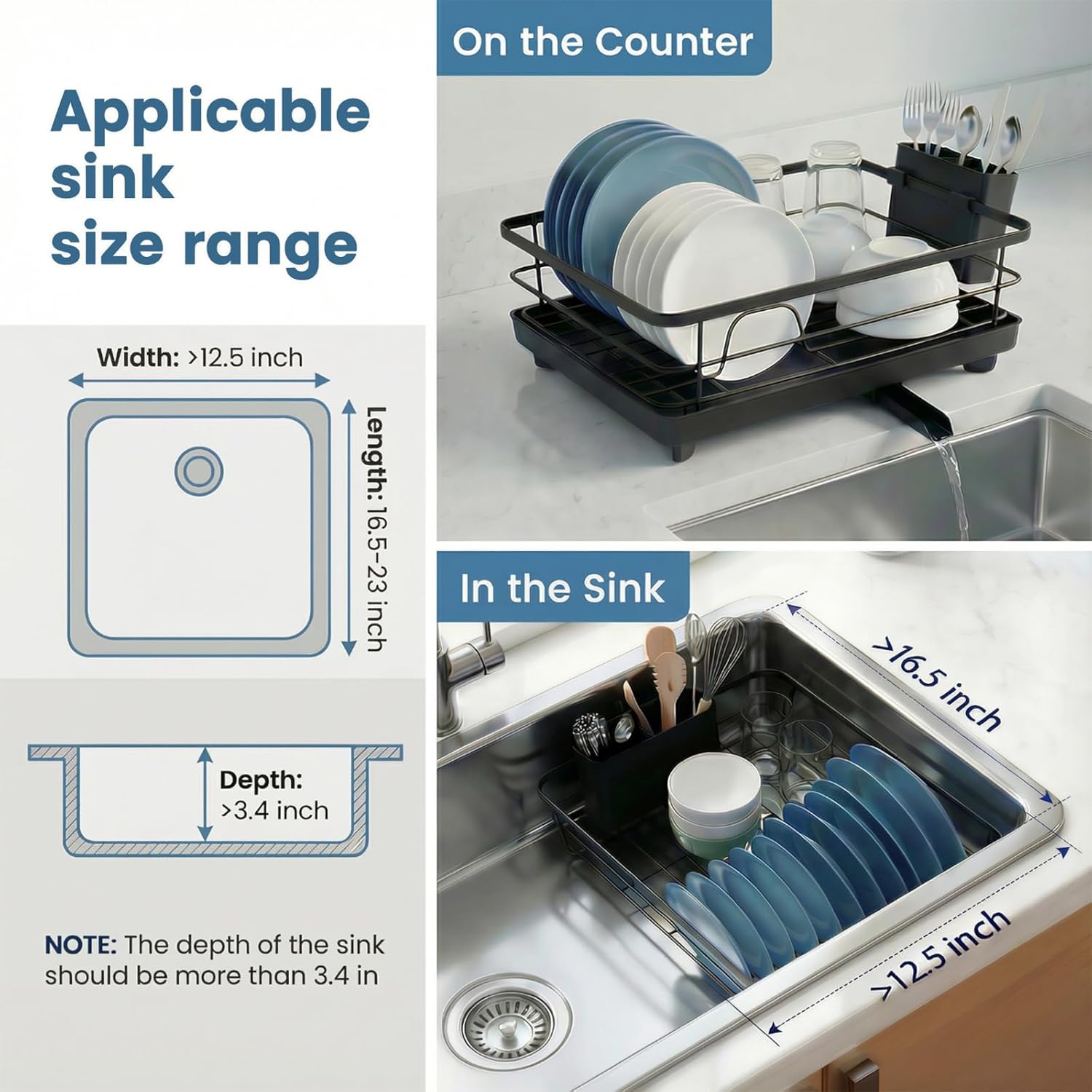 2 Piece Dish Racks for Kitchen Counter (16.5" x 12") — Not Prone to Rusting Dish Drainer with Removable Drainboard & Utensil Holder, Space Saving, Black