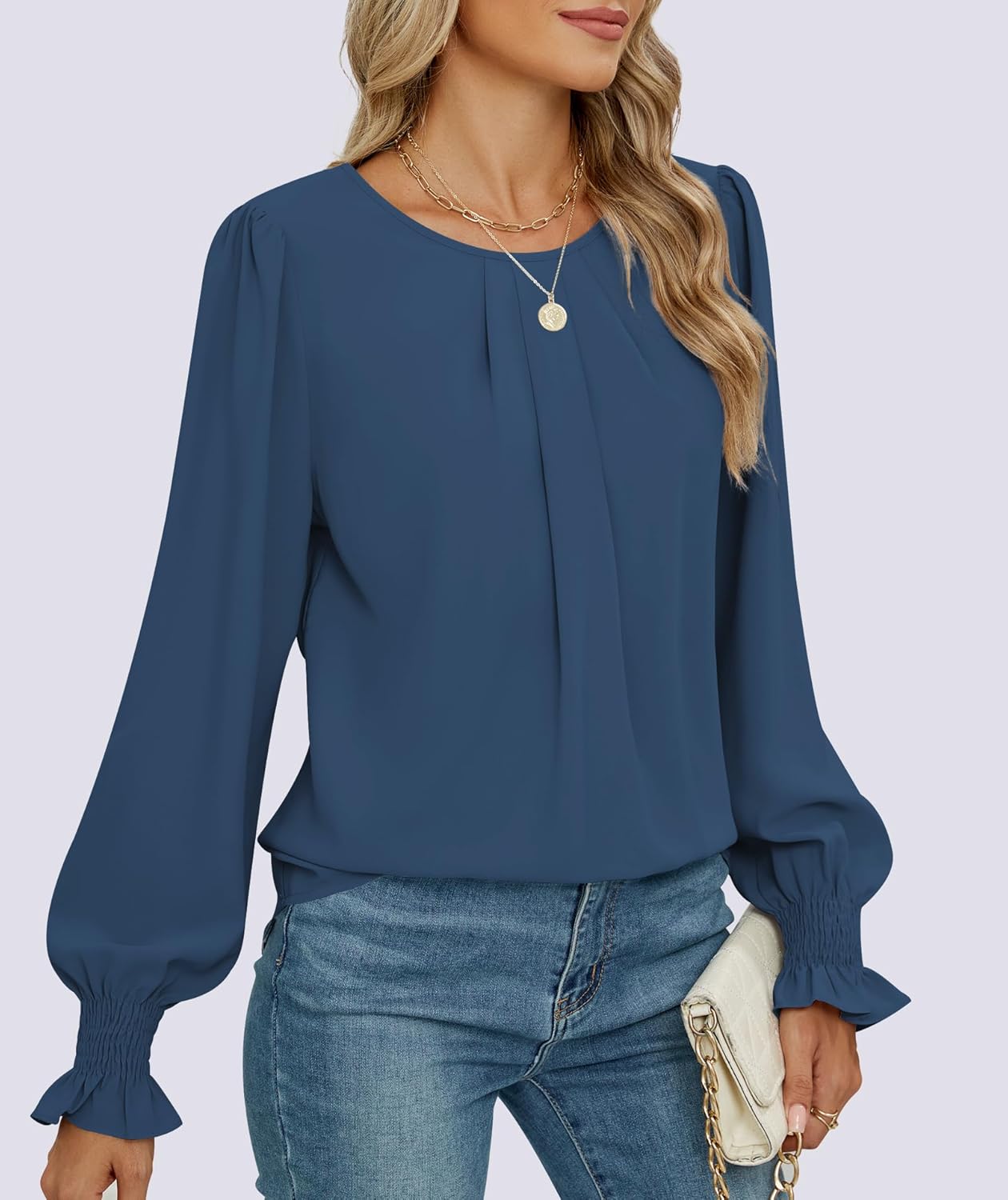 Funlingo Blouses for Women Dressy Casual Fall Long Sleeve Tunic Formal Work Tops Trendy Loose Flowy Business Office Chiffon Shirts Dusty Blue01 XS - Image 4