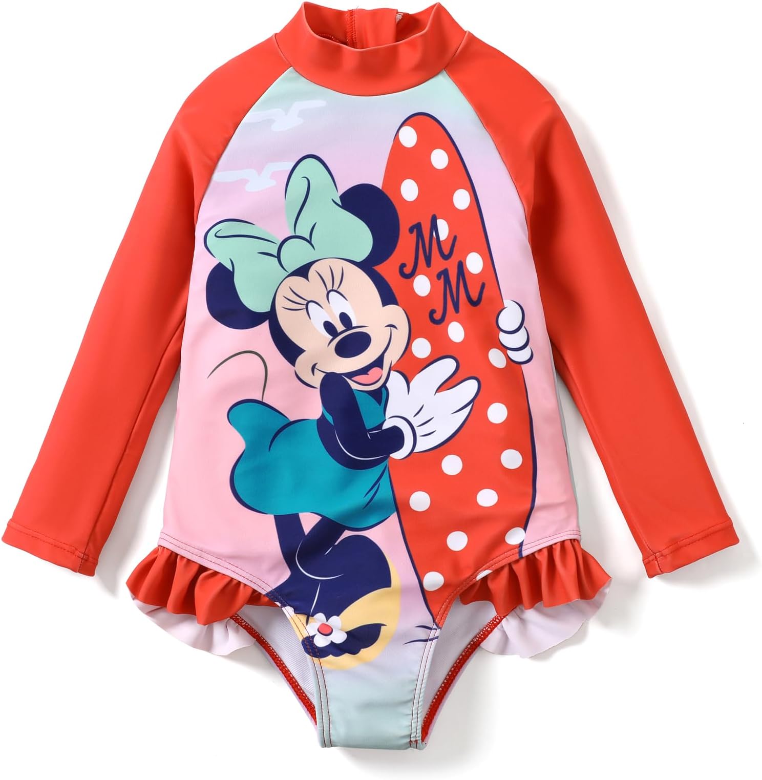 DisneyPrincess Frozen Elsa Minnie Stitch One Piece Swimsuit Rashguard Bathing Suit UPF 50+Toddler Girl Long Sleeve Swimwear