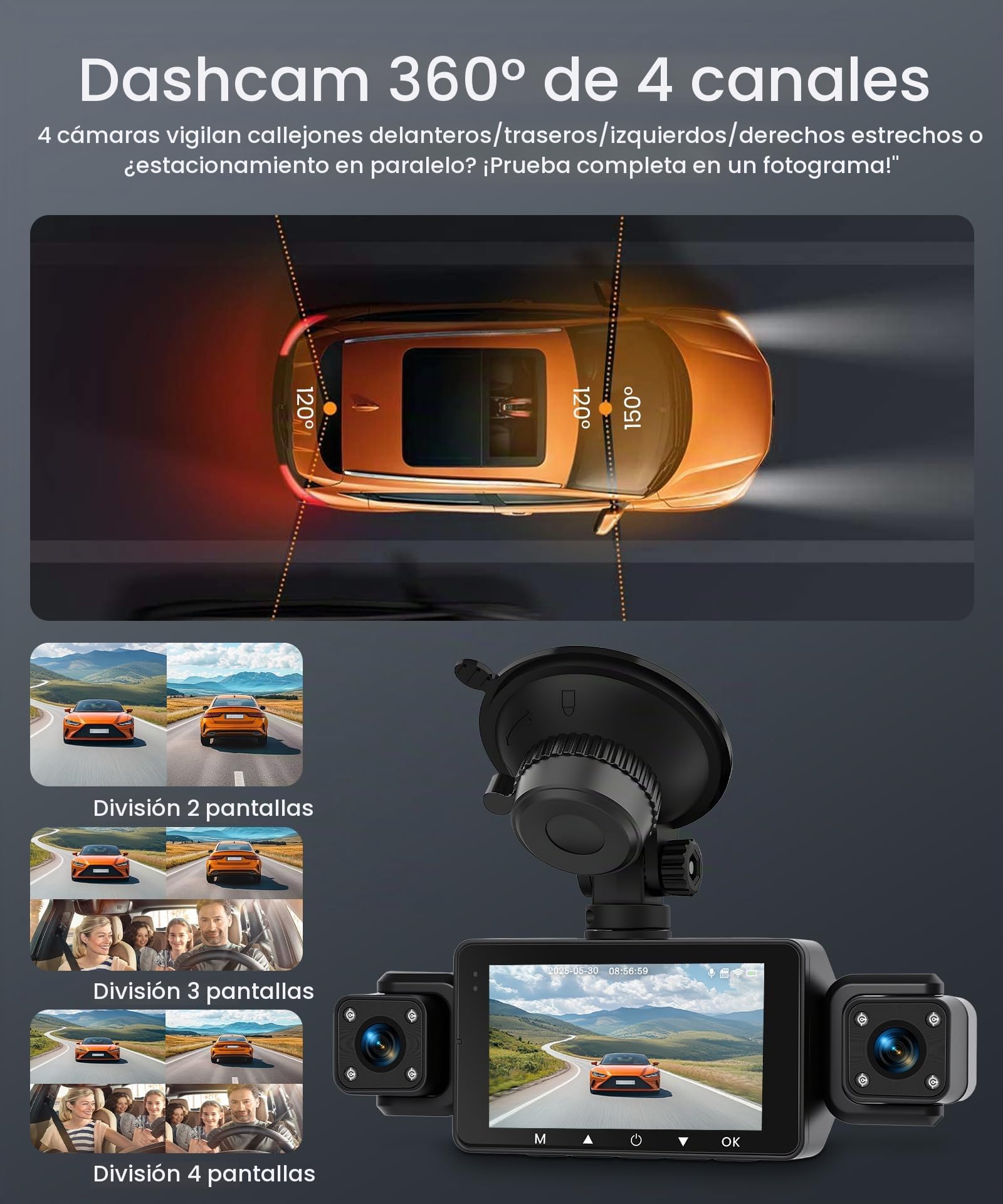Rimoody 4 Canales WiFi Dashcam para Coche 360°, 1080P Delantera y Trasera Izquierda Derecha, 3 Pulgadas IPS WiFi Dash CAM con Visión Nocturna IR WDR/Control de App/Vídeo en Bucle/24H Monitor/G-Sensor