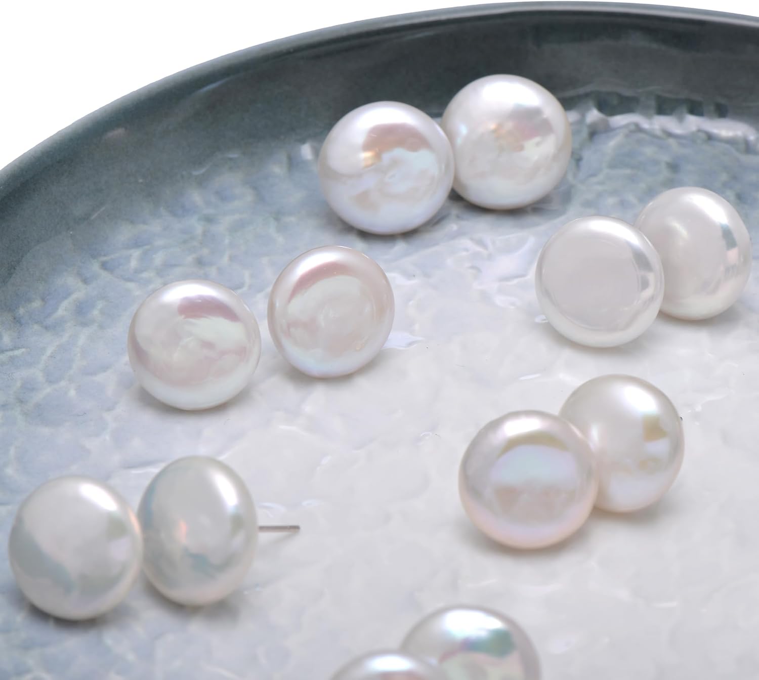 14 MM Large Freshwater Cultured Button Pearl Studs Earrings for Women, Sterling Silver Backing - Image 2