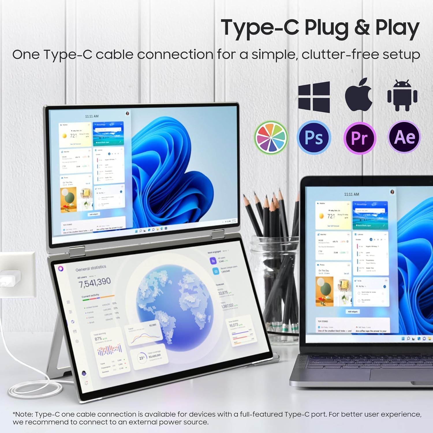 13.3'' Dual Touch Screen OLED Triple Monitor IPS FUD 1080P USB-C HDMI HDR Secondary Display Foldable Laptop PC Gaming Monitor 100% sRGB Windows Mac Android Plug&Play Flip S3+