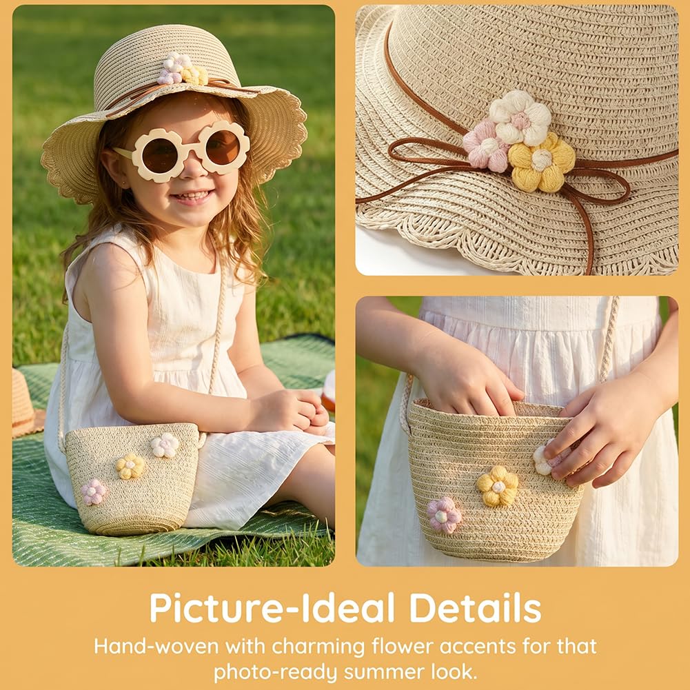 Sombrero de Paja Niñas, Gorra de Sol Chica y Bolsa de Paja Set Gorro de Playa Gafas de Sols Playa de Verano Sombrero Mini Bolsa Cruzada de Pajas Sombreros para Viaje Beach Piscina(Beige)