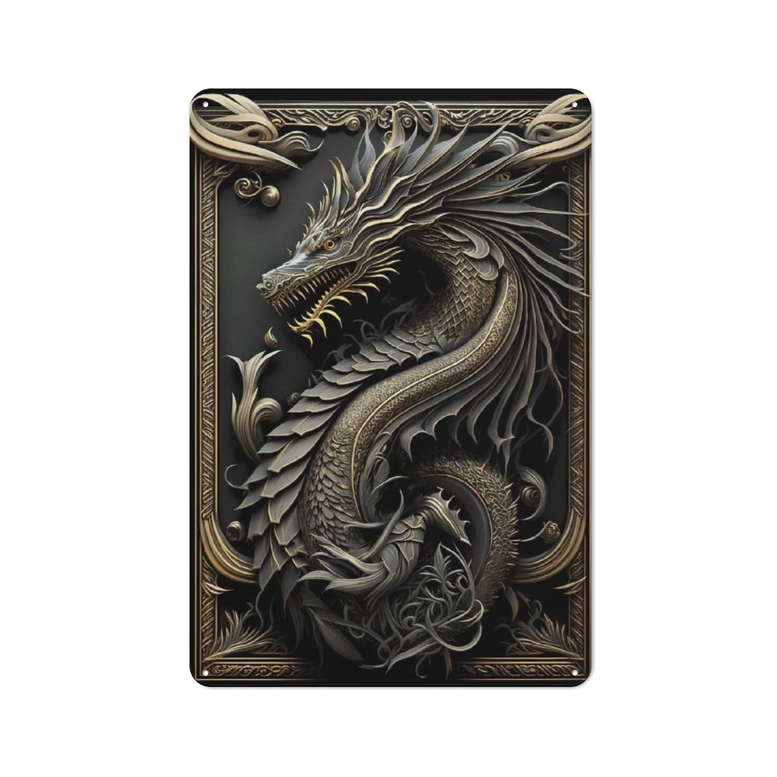 Junmoney Style-10 Rustic Tin Sign With Legendary Golden Dragon Design 30X20cm, Casual Garden Room Wall Plaque For Shed, Garden Room, Porch Or Garage