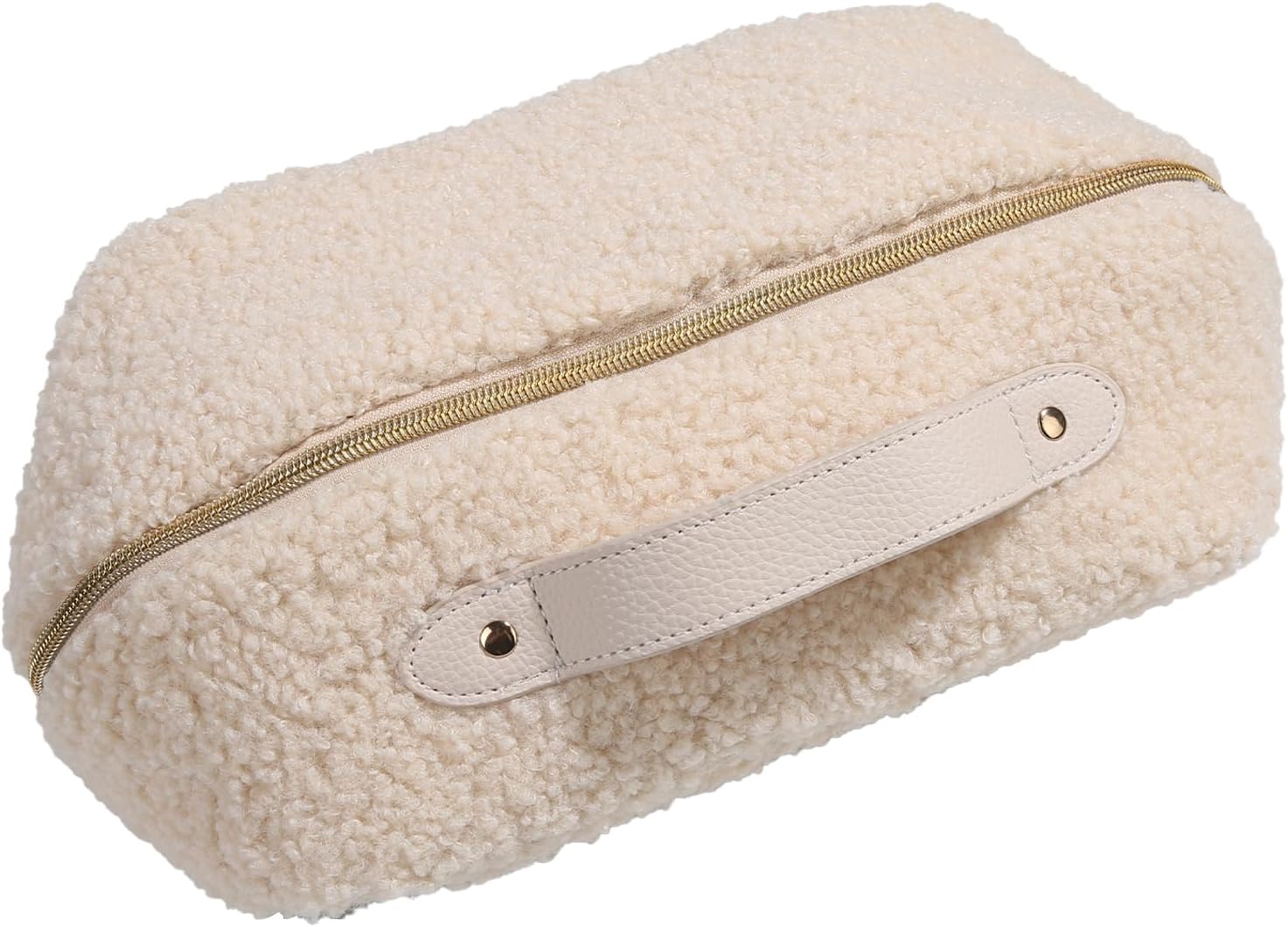 Makeup Bag - Large Capacity Travel Cosmetic Bag, Travel Toiletry Bag Cute Plush Makeup Pouch with Handle and Divider Flat Lay Portable Makeup Case Organizer for Women, White, Cute Makeup