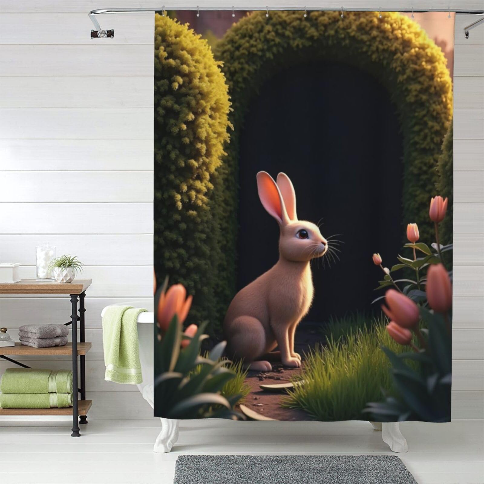 Rideau de douche étanche sans vis-à-vis 152x183 tissu opaque fleurs lapin