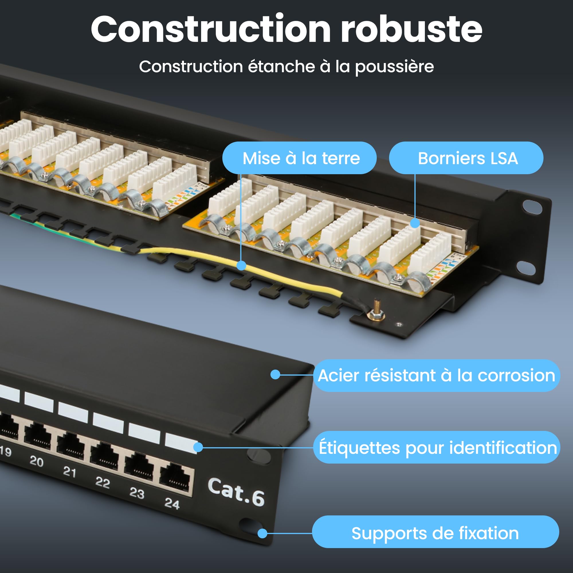 Extralink Panneau de Brassage 24 Ports RJ45 Cat 6 STP 19 Pouces 1U Rack | 24 ports RJ45 de catégorie 6 réunis sur une seule unité : 482,6 mm de large pour toute baie de brassage 19 pouces.