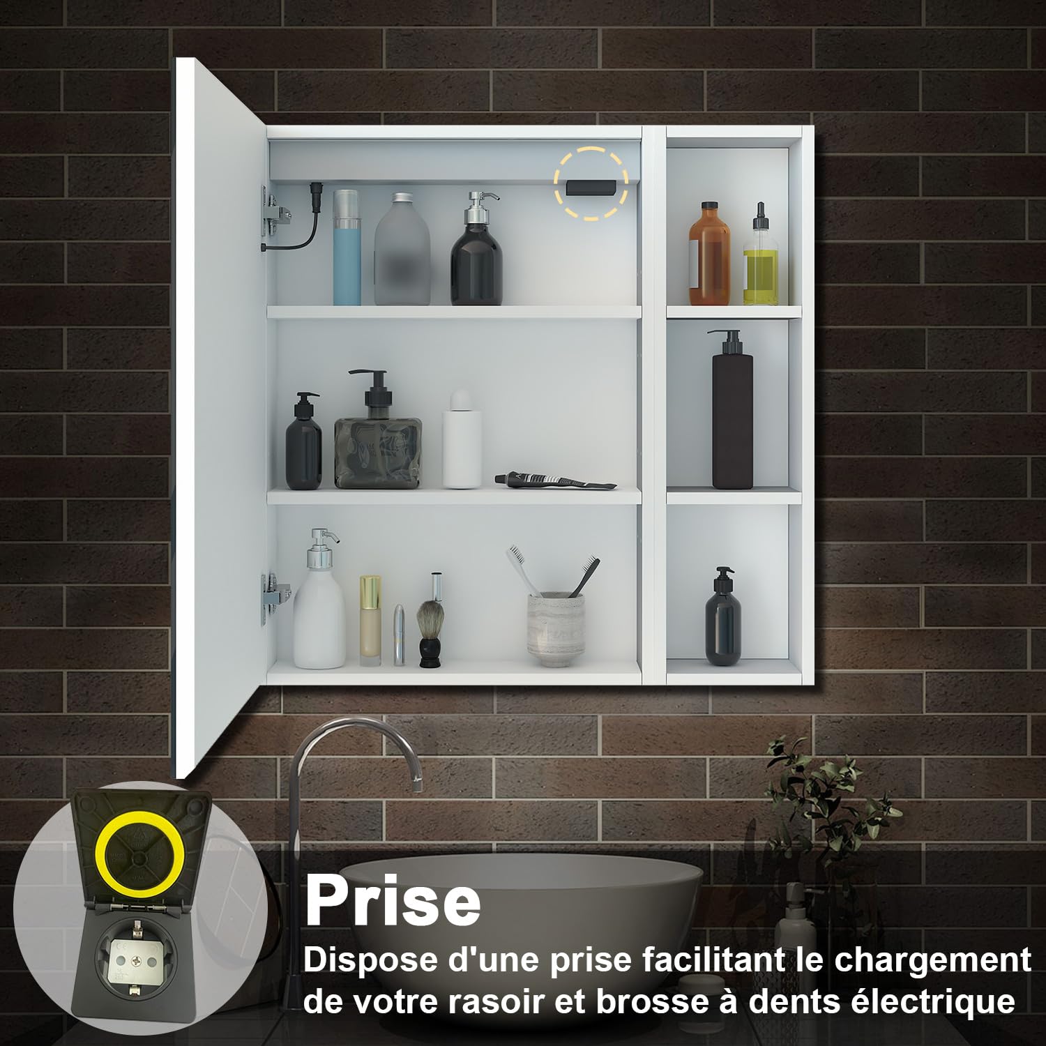 AICA Armoire de Toilette avec Miroir LED et Étagère Latérale, Anti-Buée, Éclairage 3 Couleurs + Prise, Blanc 60x70 cm
