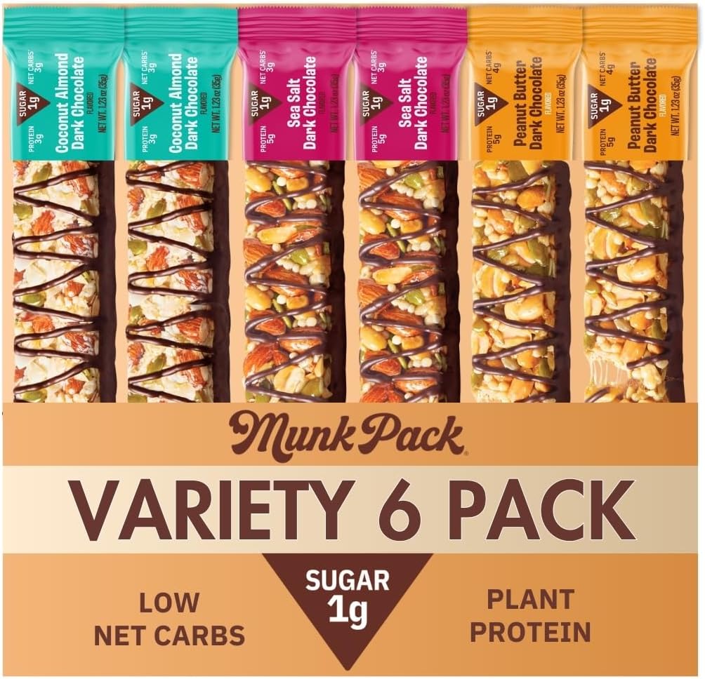 Munk Pack Nut & Seed Bars, Variety Pack, Prebiotic & Probiotic GLP-1 Snack, Gut Friendly 5g Fiber, Gluten Free, Keto, Plant Based Protein, No Sugar Alcohols, 3g Net Carb, 6 Count