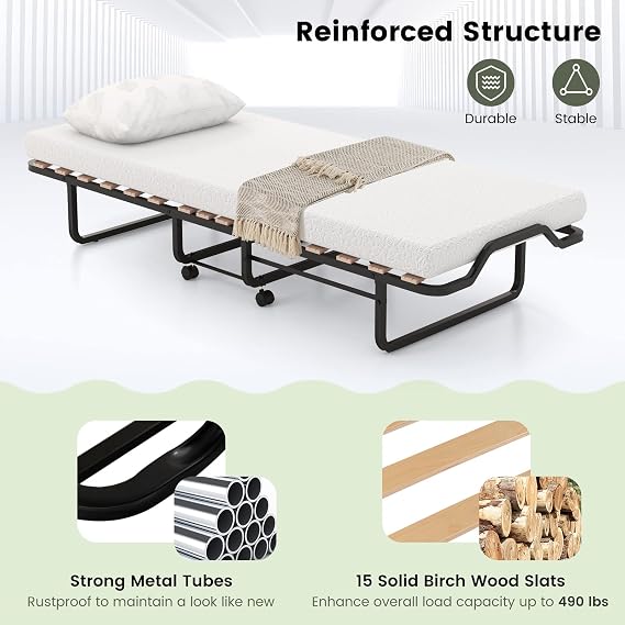 BestComfort Folding Guest Bed with Mattress Memory Foam, Rollaway Bed Cot Size for Adults, Foldable Bed Rolling Fold up Bed with Wheels, Space-Saving Sturdy Metal Frame, Made in Italy, 79 x 31 Inch