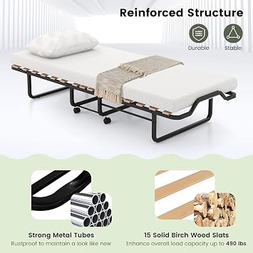 BestComfort Folding Guest Bed with Mattress Memory Foam, Rollaway Bed Cot Size for Adults, Foldable Bed Rolling Fold up Bed with Wheels, Space-Saving Sturdy Metal Frame, Made in Italy, 79 x 31 Inch