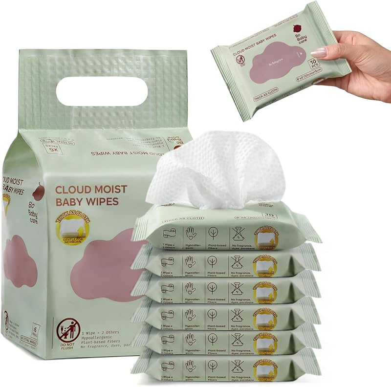 Cloud Moist Baby Travel Wipes, 6 Pack, On The Go Pocket Size, Ultra Thick, 99% Water, Unscented, Hypoallergenic for Sensitive Skin, Biodegradable
