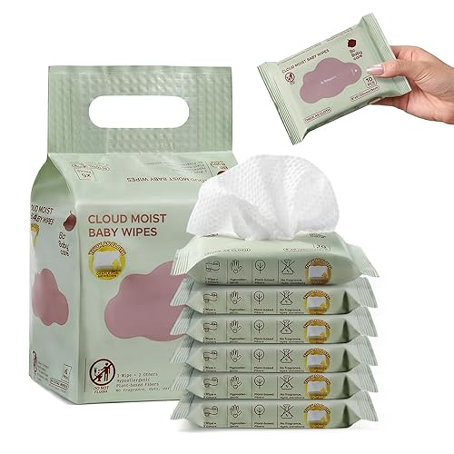 Bc Babycare Cloud Wet Toallitas de viaje para bebé, paquete de 6, tamaño de bolsillo para llevar, ultra gruesas, 99% de agua, sin perfume,