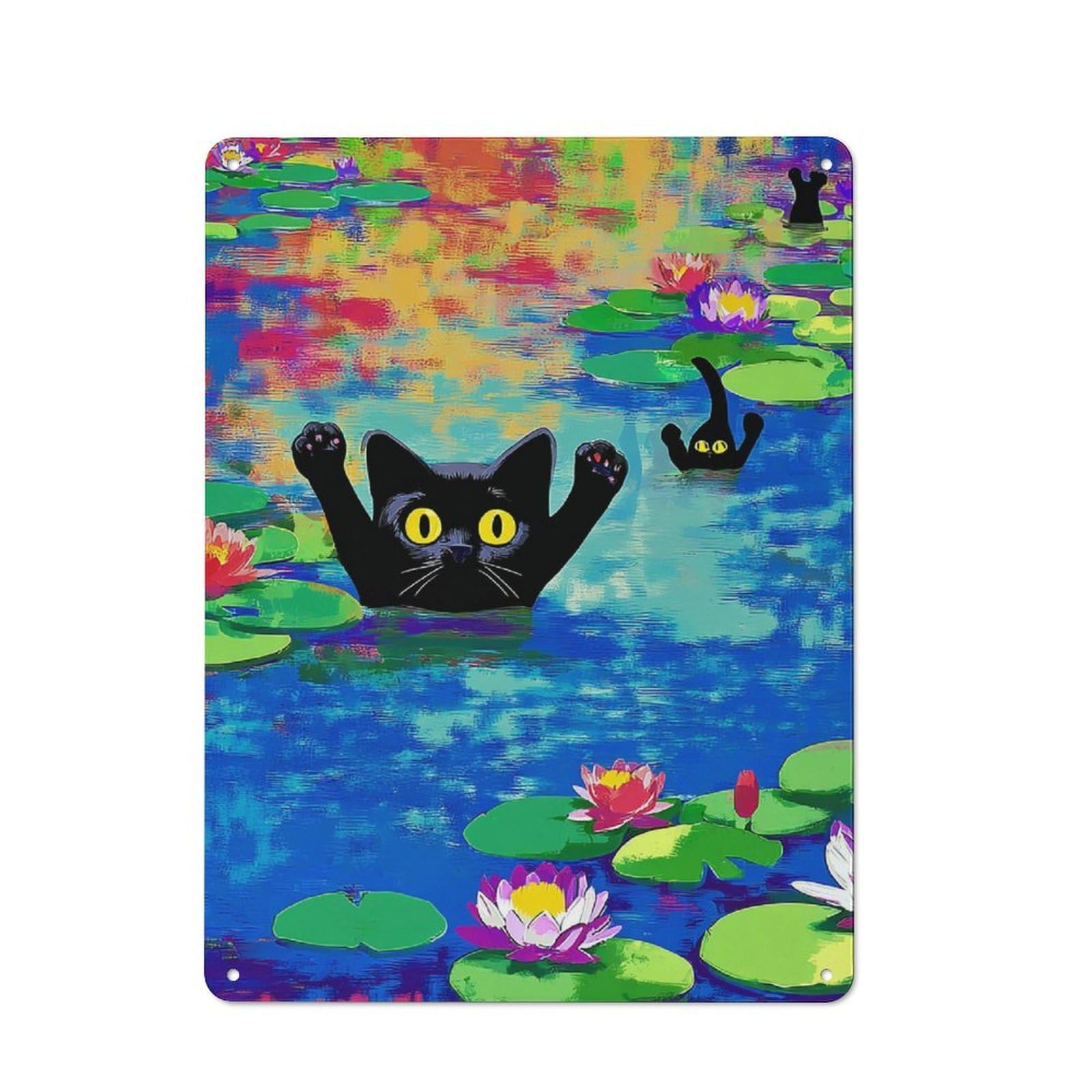 Junmoney Black Cats In A Colorful Pond Retro Metal Wall Sign 40X30cm For Man Cave Or Games Room, A Housewarming Gift For Games Room Collectors
