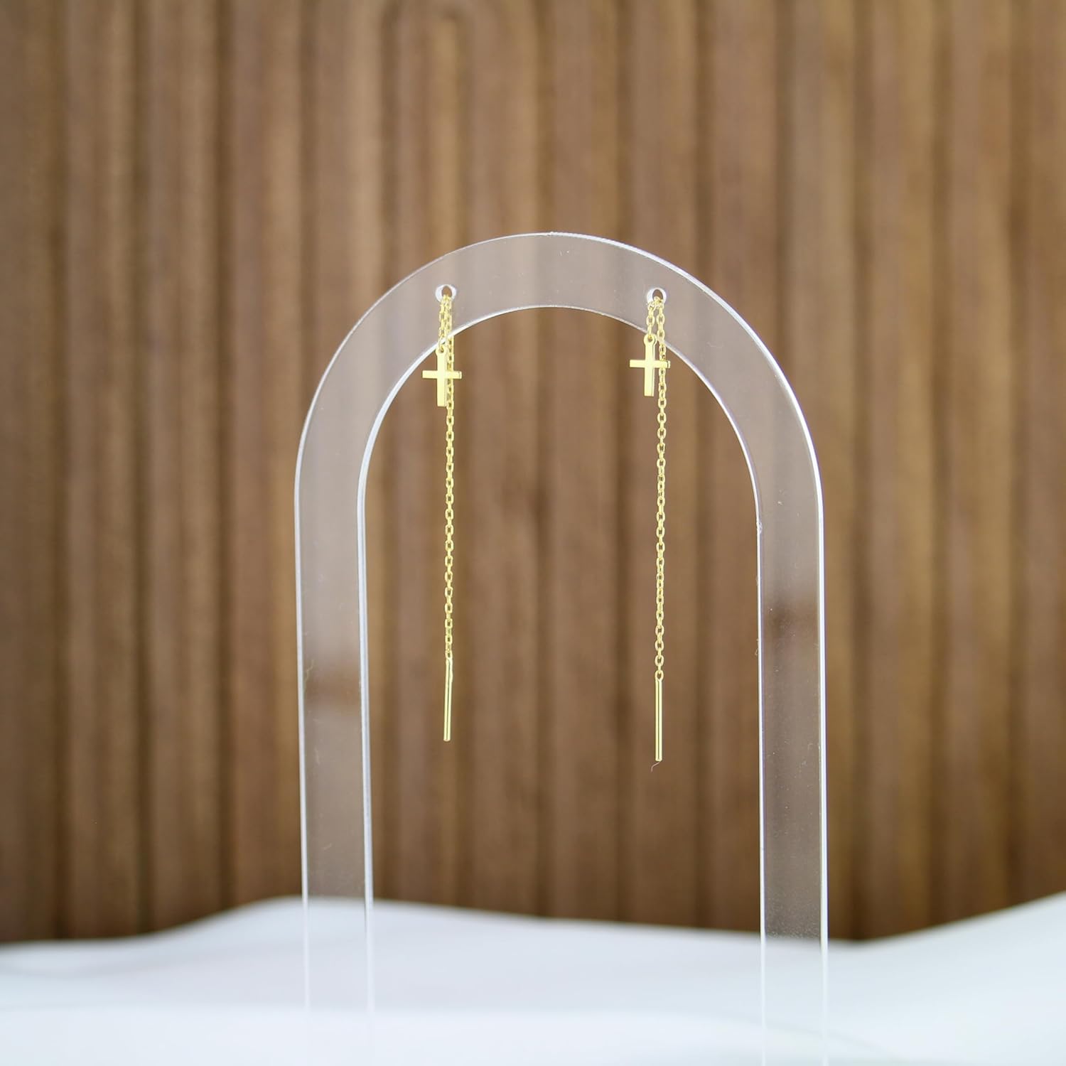 Sterling Silver Earrings Cross Threader for Women | Minimalist Chain Earrings Double Piercings | Dangle Earrings (Gold-plated sterling silver) - Image 5