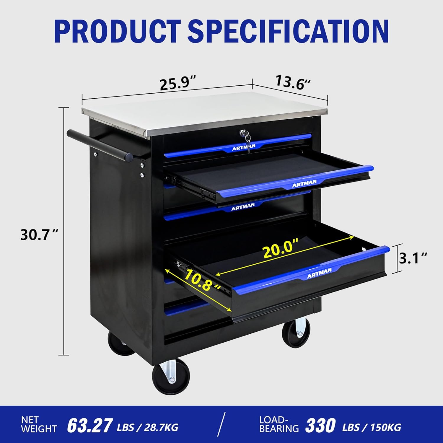 7 Drawers Rolling Tool Box on Wheels, Stainless Steel Countertop Multifunctional Tool Chest Cabinet with Lock, Drawers Rolling Tool Cart Trolley Organizer Tool Storage Case for Garage,Warehouse