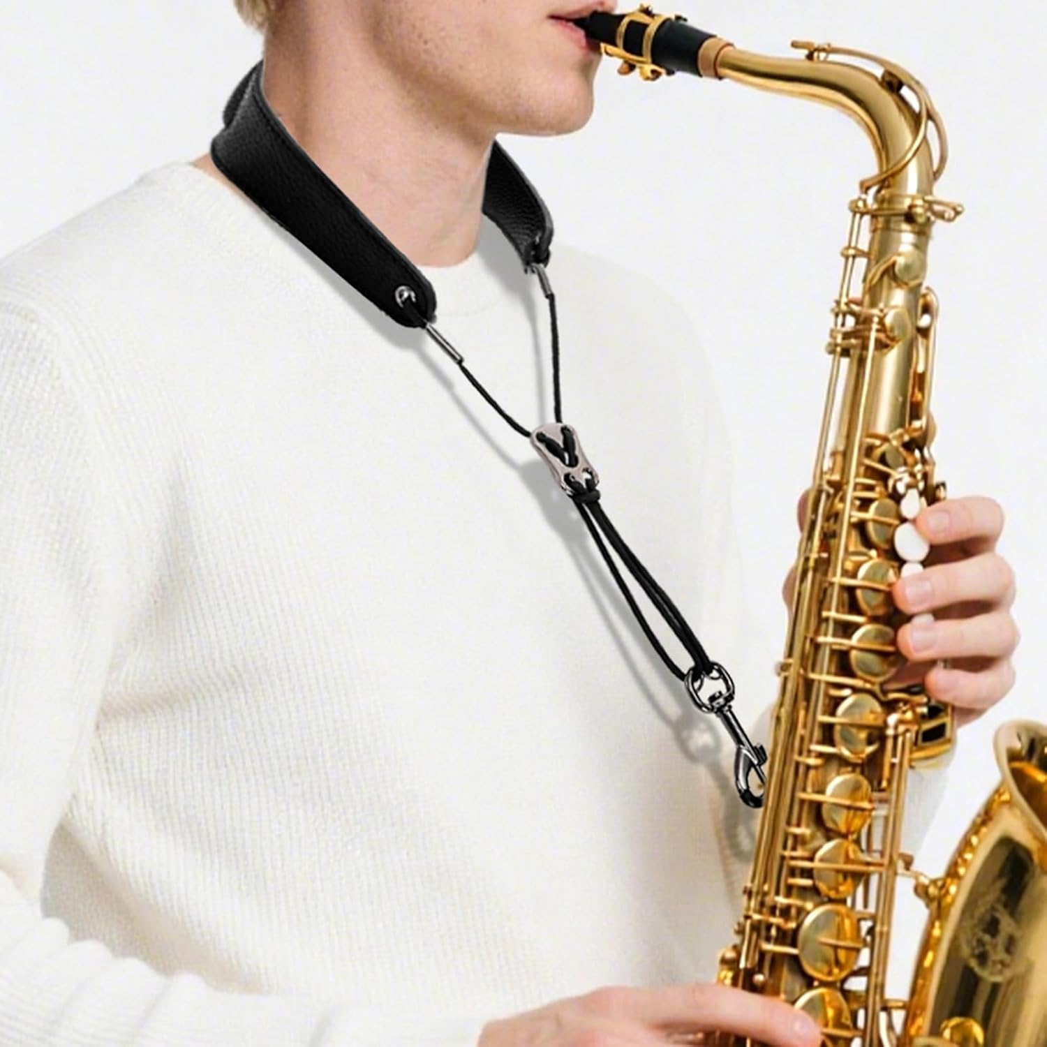 ZEAYEA Saxophone Neck Strap with Adjustable Length, Soft Padded Sax Leather Strap with Swivel Hook for Soprano, Tenor, Alto Saxophone, Black