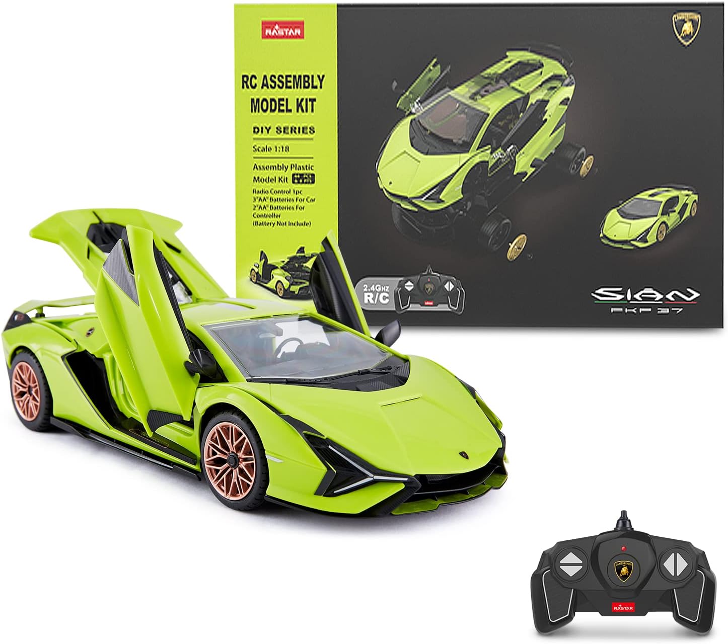 RASTAR RC Car Kits to Build, 1/18 Lamborghini Sian Supercar Assembly Building Kit with Remote Controller, 72PCs, STEM Kits for Kids and Adult, Ages 8+, Green