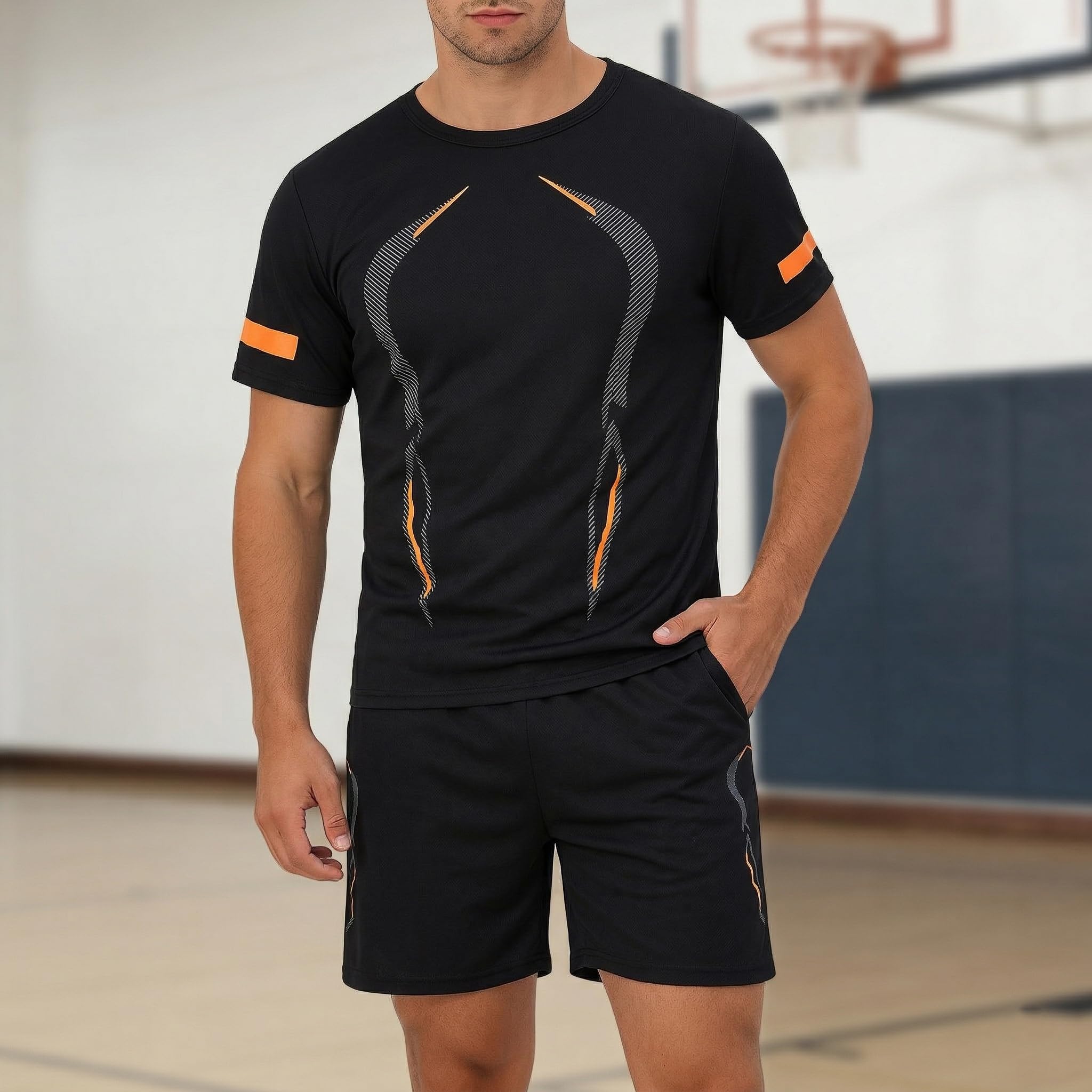 Conjunto de entrenamiento deportivo de 2 piezas para hombre, camiseta de manga corta que absorbe la humedad y pantalones cortos holgados, ropa de gimnasio