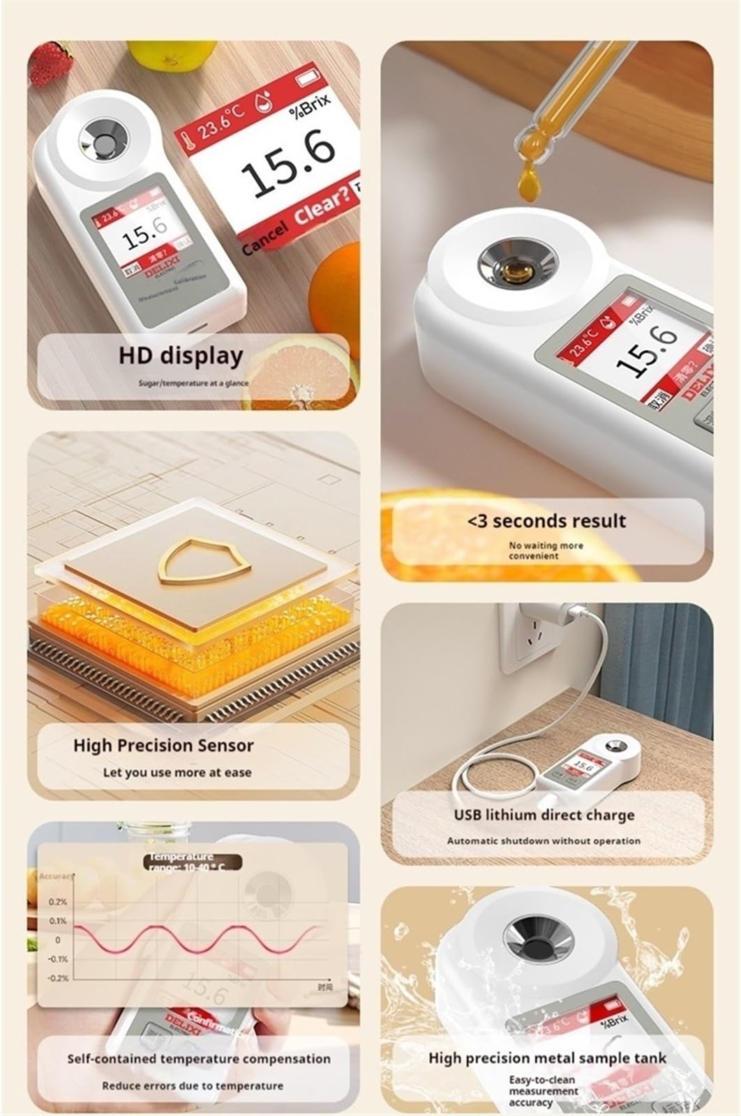 Refractómetro Refractómetro digital de azúcar Brix Medidor electrónico de dulzor portátil Sacarímetro Rango de medición 0,1%-55% Brix Fácil de enfocar y calibrar