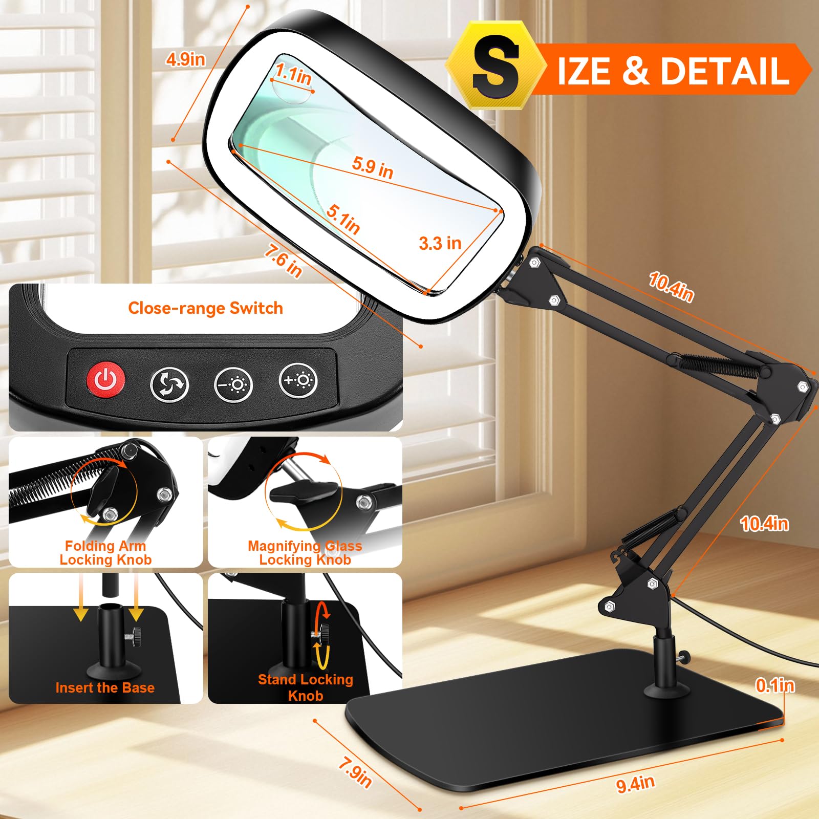 NZQXJXZ 10X 30X Lupa con Luz con Soporte, Lupa de Lectura Grande | Lente Acrímica HD de 15 cm, 3 Modos de Luz, 10 Niveles de Brillo, Brazo Flexible y Base Estable para Lectura y Manualidades