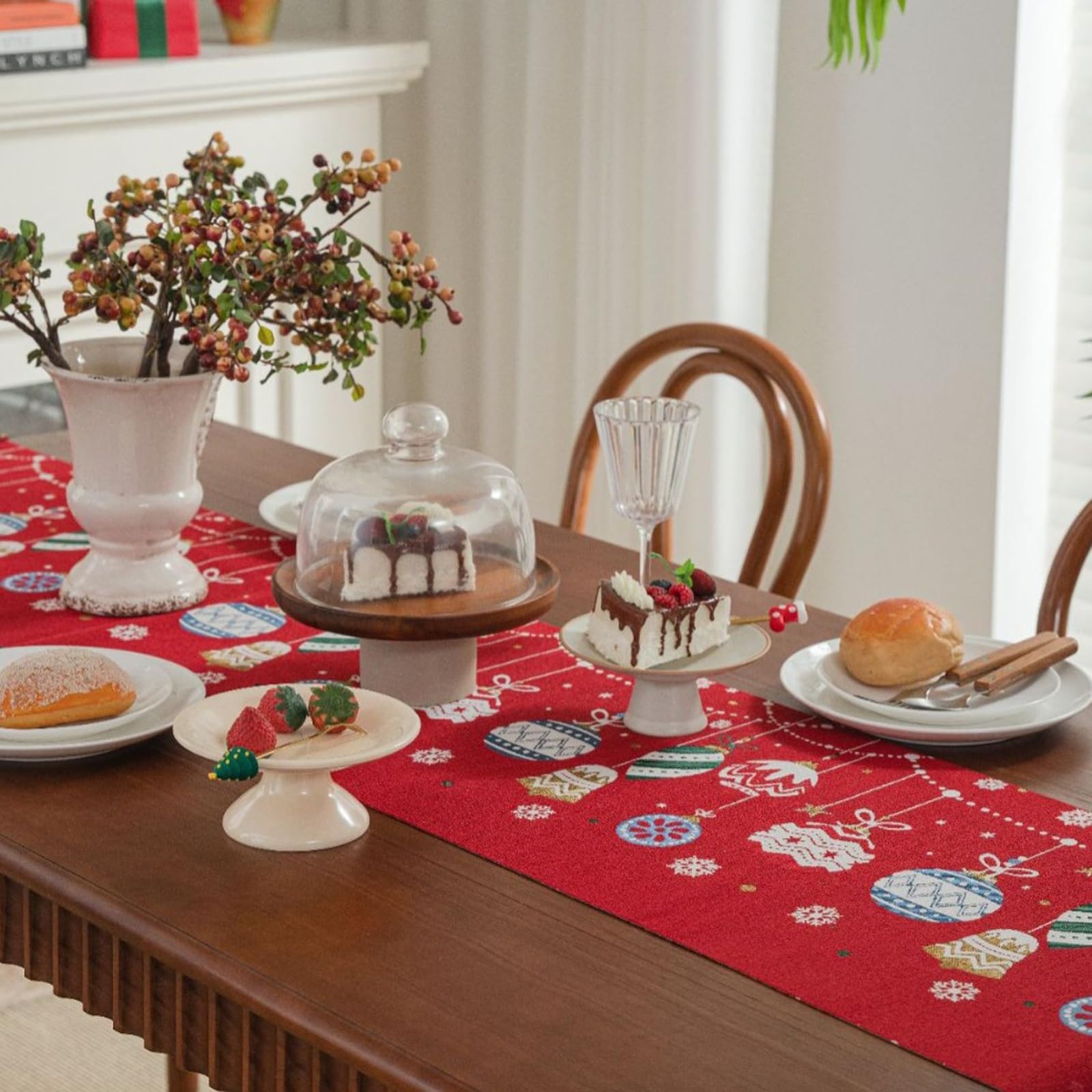 Tischläufer Landhausstil Polyester, Tischläufer Wohnzimmer 35x350 cm, Weihnachtsmuster mit Quasten