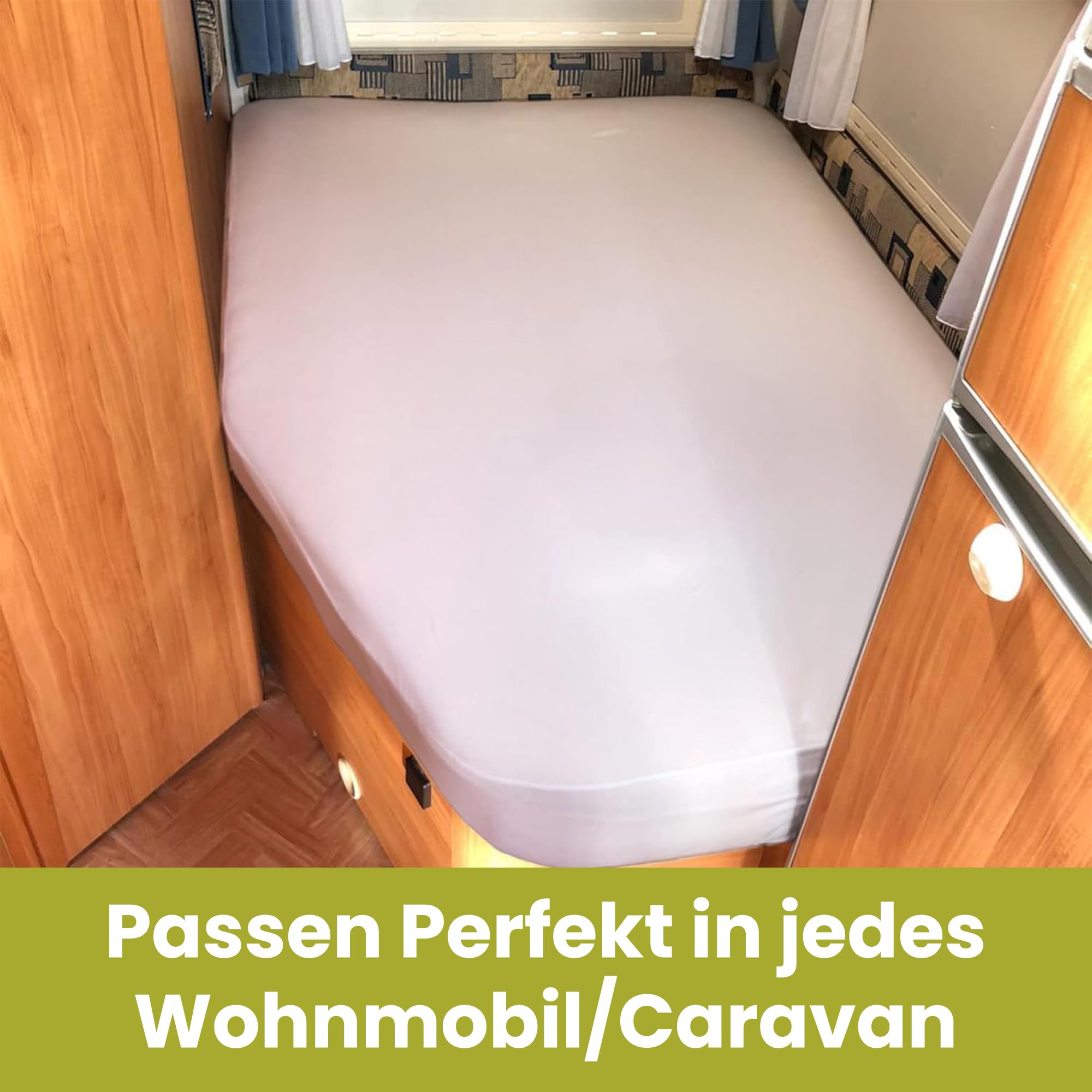 Spannbettlaken Wohnmobil 2er Set - 1 Spannbettlaken + 1 Matratzenschoner (125-155cm x 200cm)- Französische Bettwäsche - für Wohnwagen Bett - Oeko-TEX - 100% Baumwolle - Links - Weiß
