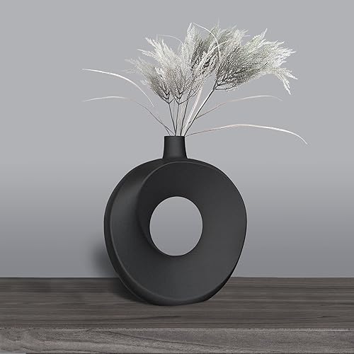 Eapele Ceramic Vase, Round Donut Vase Pampas Flower Vase, Minimalist Nordic Boho Ins Style for Wedding Dinner Table Living Room Office Bedroom, Decorative Gift （Black）