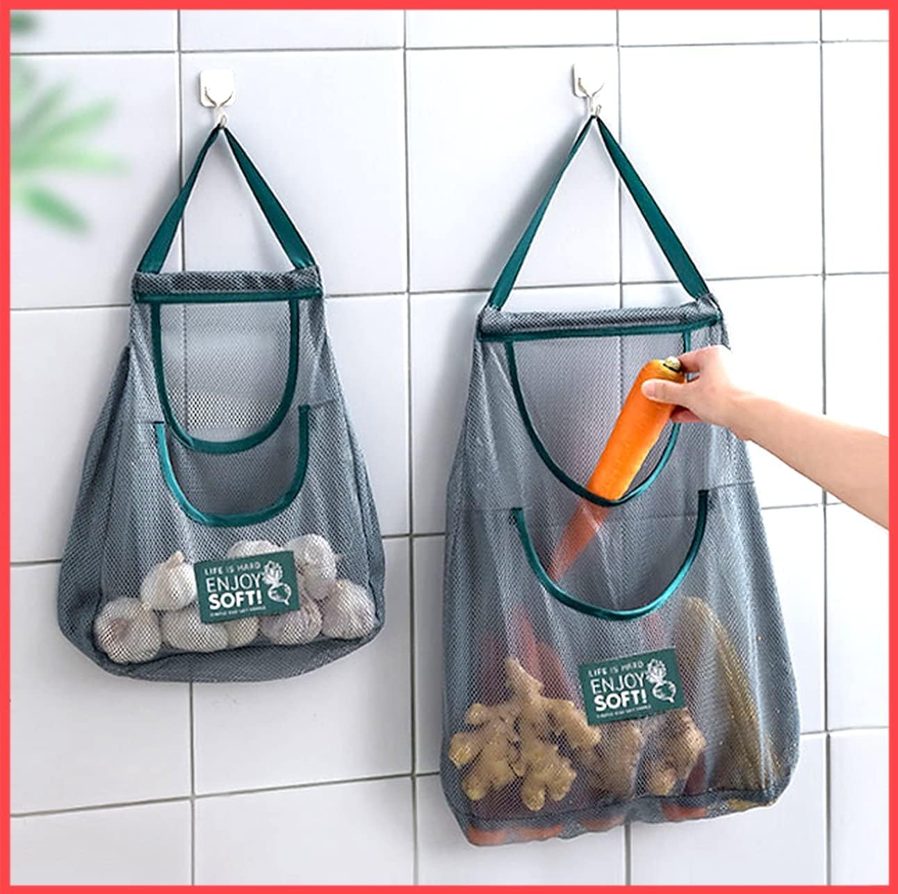 WONDWILD 1 Pc Reusable Double Layer Pockets Mesh Bag for Fruits & Vegetables Storage Bags for Fridge/Refrigerator Bags/Pouches for Accessories (30 x 40 cm)