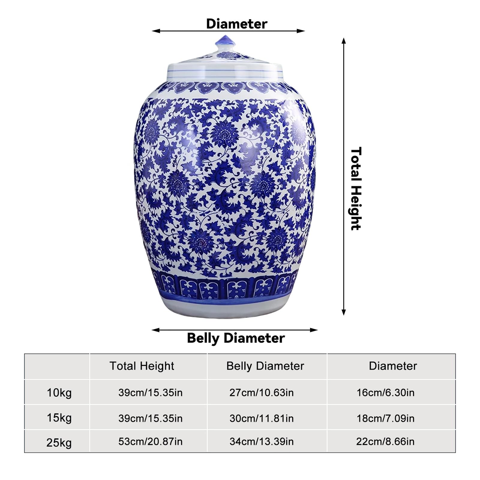 Ceramiczne Wiadro Na Ryż 10/15/25 Kg Z Hermetyczną Pokrywką, Niebiesko-biały Porcelanowy Pojemnik Do Przechowywania Ziarna, Klasyczny Chiński Dozownik Kuchni I Domu, Herbatę(B,10kg)