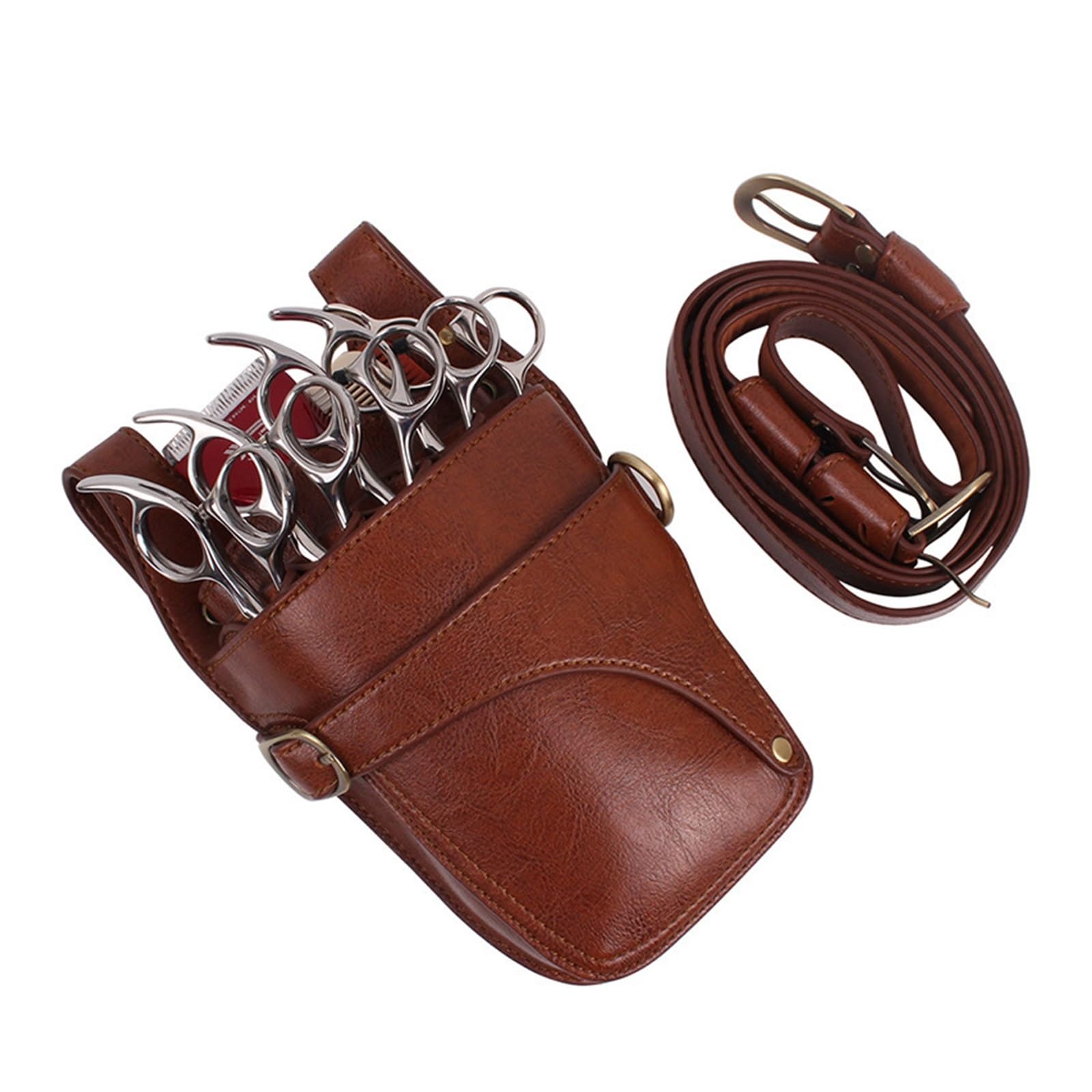 Friseurgürtel Haarscherentasche aus echtem Leder mit Clips, Friseurscheren-Holster, Beutelhalter, Etui mit Taillen-Schultergurt(Brown)