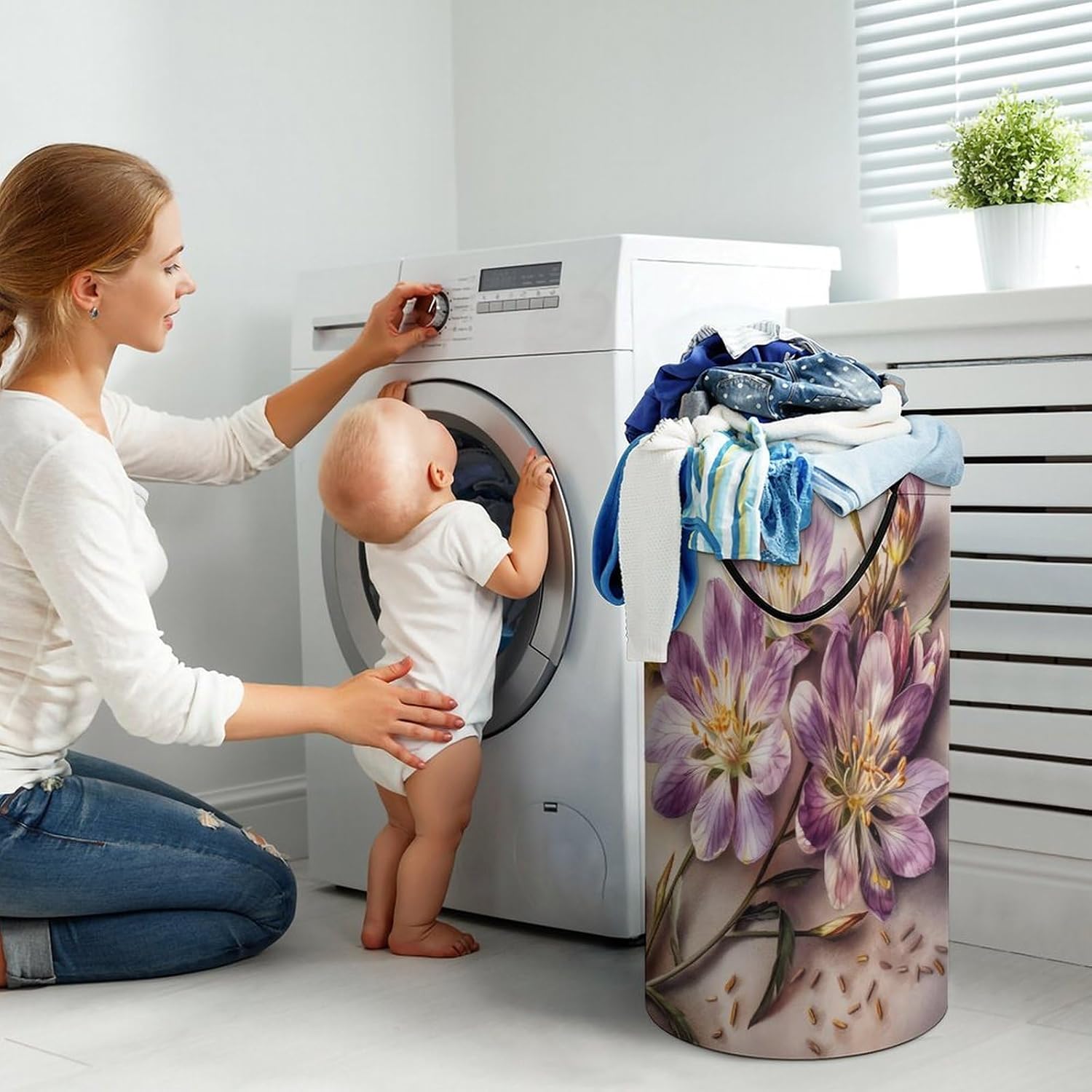 Purple Flowers Laundry Basket Freestanding Laundry Hamper with Handles Waterproof Dirty Clothes Hamper Collapsible Washing Bin Aesthetic Clothes Basket for Bathroom Bedroom Dorm