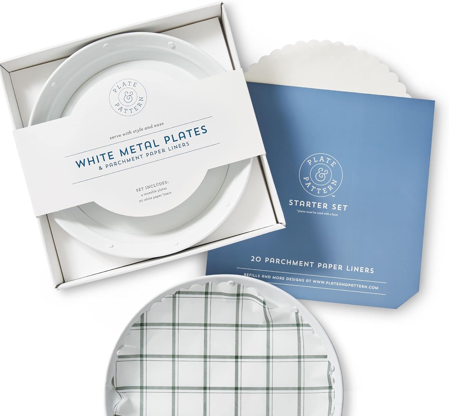 Plate & Pattern White Metal dinner plates and Green Plaid