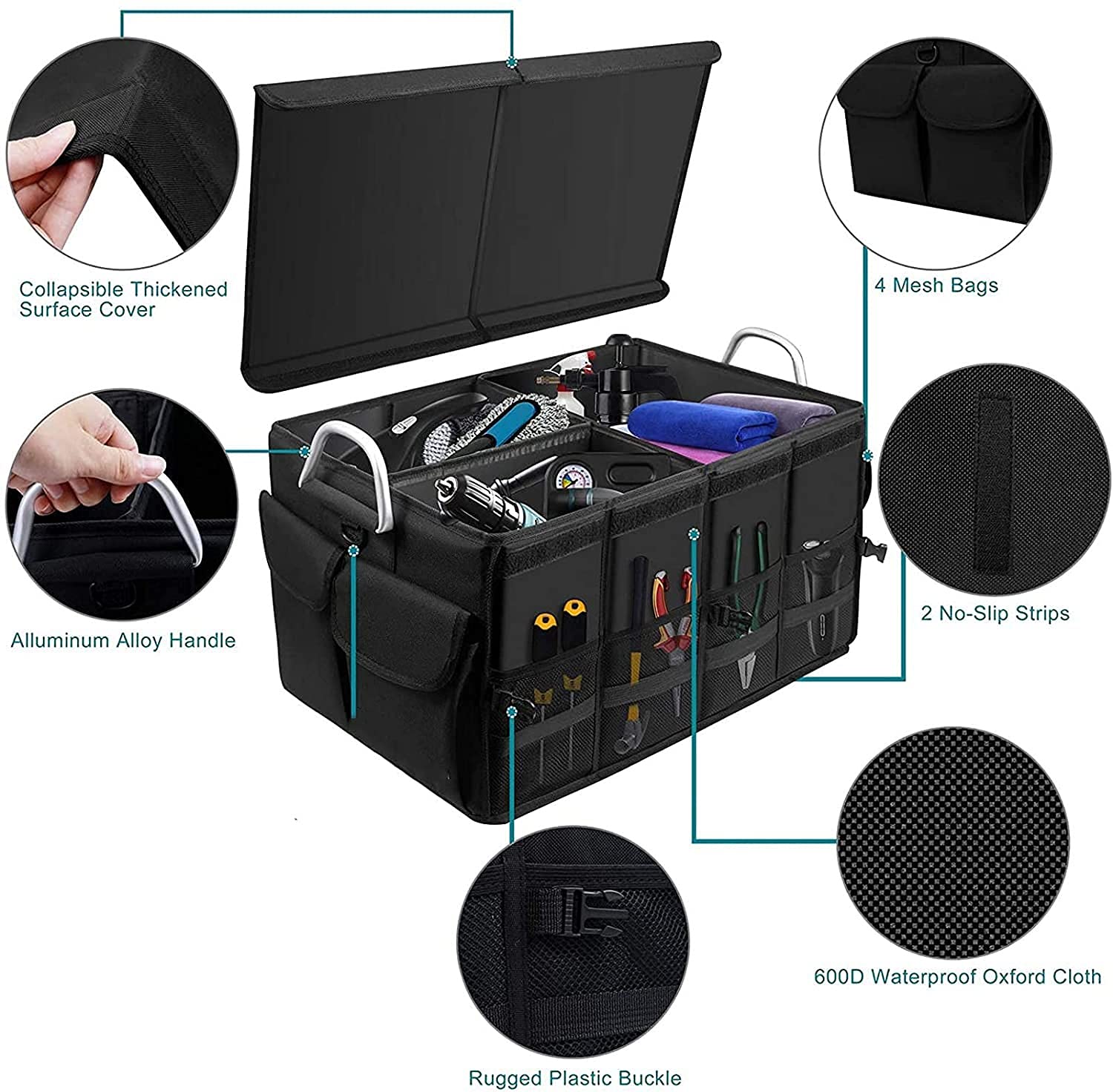 Grande Organizer per Bagagliaio, Pieghevole, Contenitore portaoggetti Portatile Antiscivolo con Coperchio e Maniglia in Lega di Alluminio
