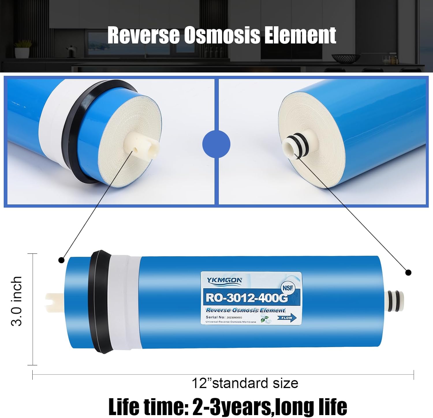 3012-400 GPD Universal Reverse Osmosis RO Membrane Element，3.0"x12" Replacement Water Filter,for Under Sink Home Drinking RO Water Purifier System