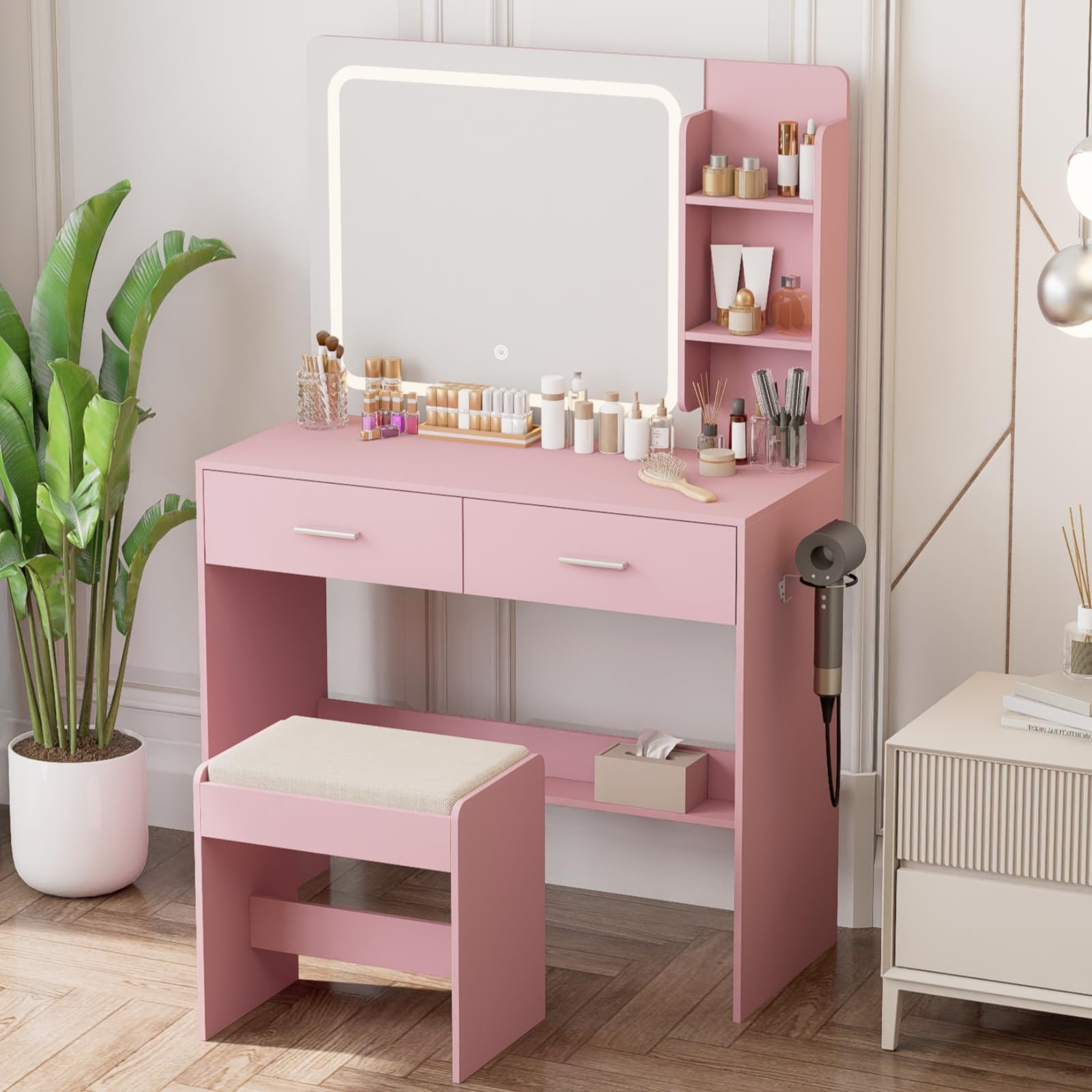 Hogxp Makeup Vanity with Lighted Mirror & Electrical Outlet