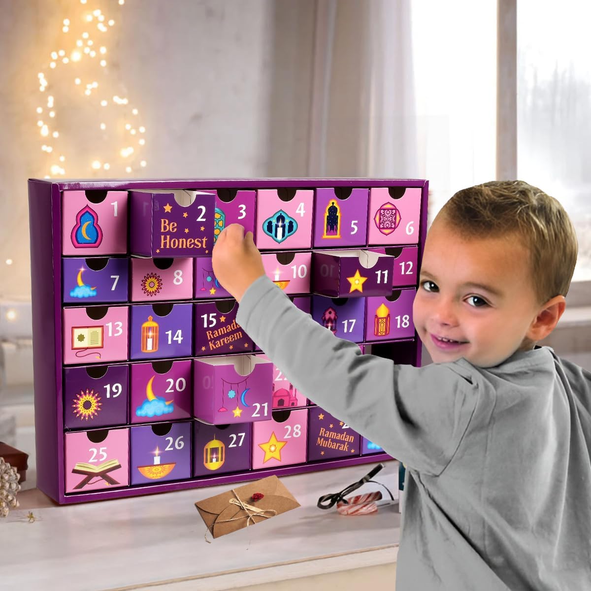 MOVINPE Ramdan Calendar with Drawers 2026 Ramadan Gifts for Kids, 30 Pre-Assembled Empty Boxes Eid Mubarak Coutdown Calendar Fillable Islamic Art Gift Box, Ramadan Party Supplies (Purple)