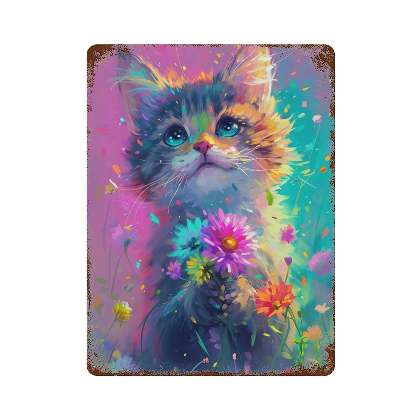 Colorful Kitten with Flowers Rust Effect Tin Sign 15.7"x11.8", Industrial Home Decor for Garage, Pub Or Kitchen