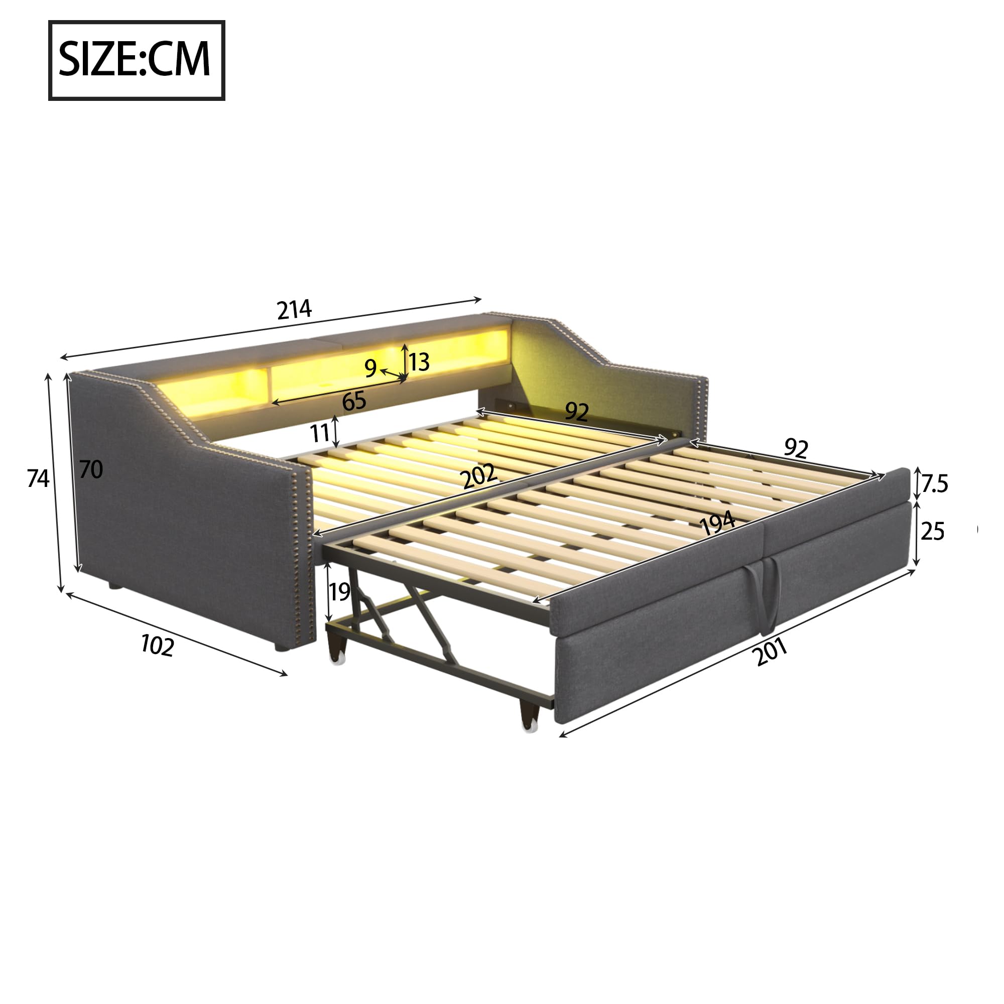 Divano letto imbottito allungabile 90/180 x 200 cm, vano portaoggetti multifunzione, luce LED e presa USB, con rete a doghe, grigio scuro