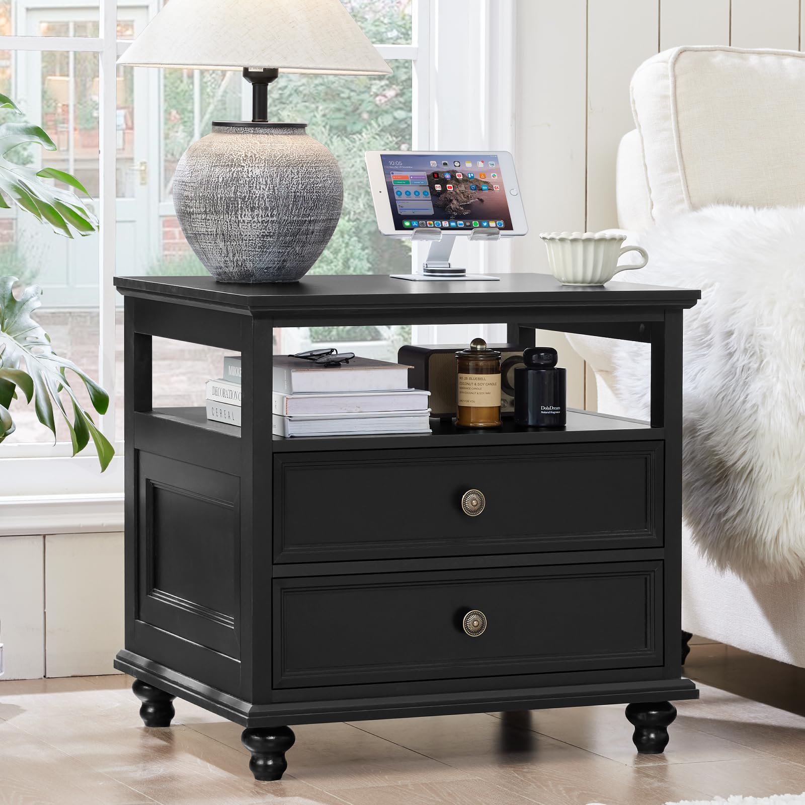 Joaxswe 24" Wide Farmhouse Night Stand,Large End Table with 2 Drawers &amp; Metal Handle,Wood Dresser for Bedroom, Black Bed Side Table Chest of Drawers Cabinet,Nightstand for Living Room,Closet