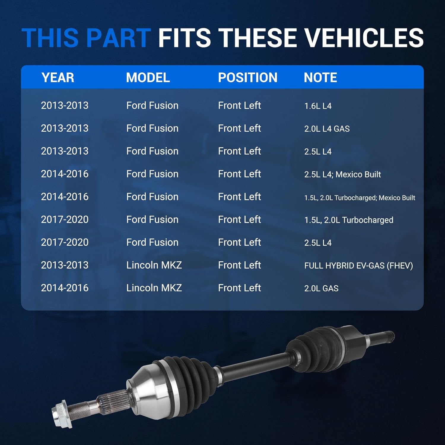 Autoround 662313 CV Axle Shaft Assembly Compatible with Ford Fusion 2013-2020 & Lincoln MKZ 2013-2016, Front Left Driver Side