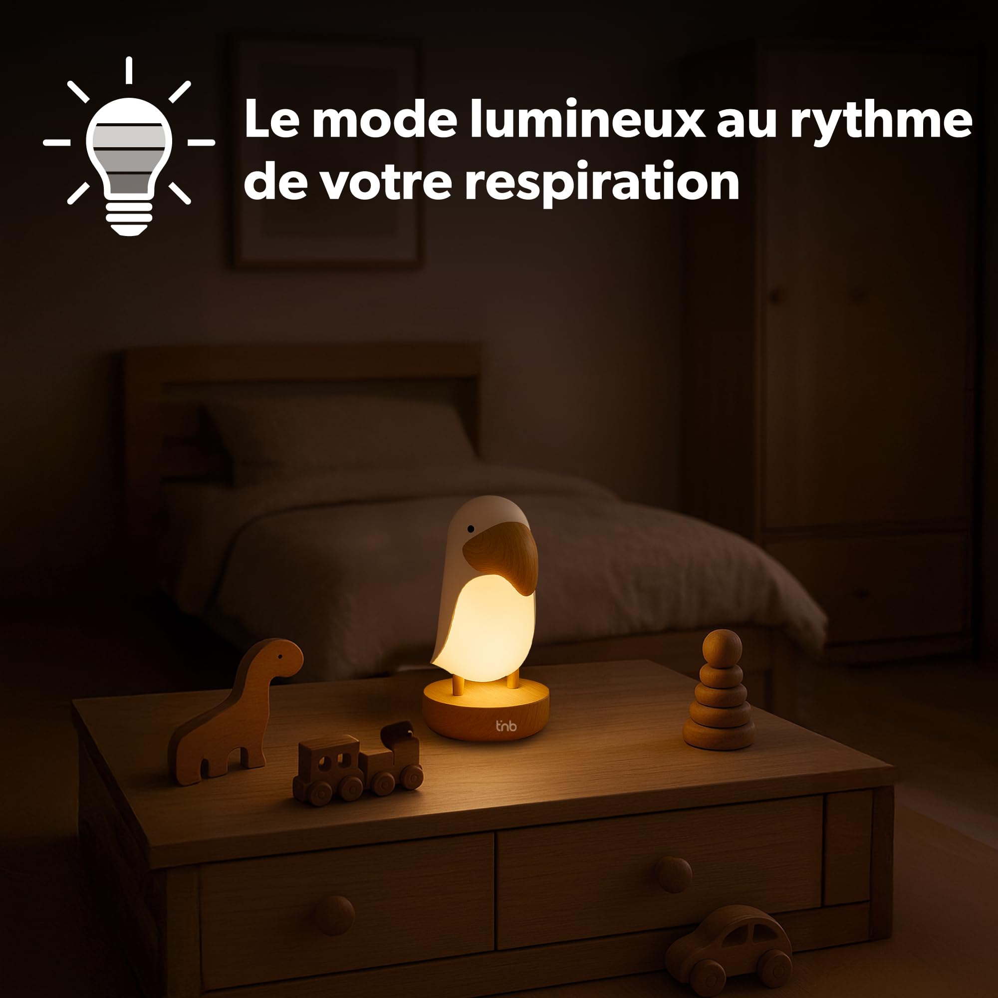 T'nB – Luz nocturna con sonidos relajantes, 6 ruidos naturales para la relajación, control remoto, temporizador 30 min, brillo ajustable, modo de respiración, carga USB – Tucán blanco