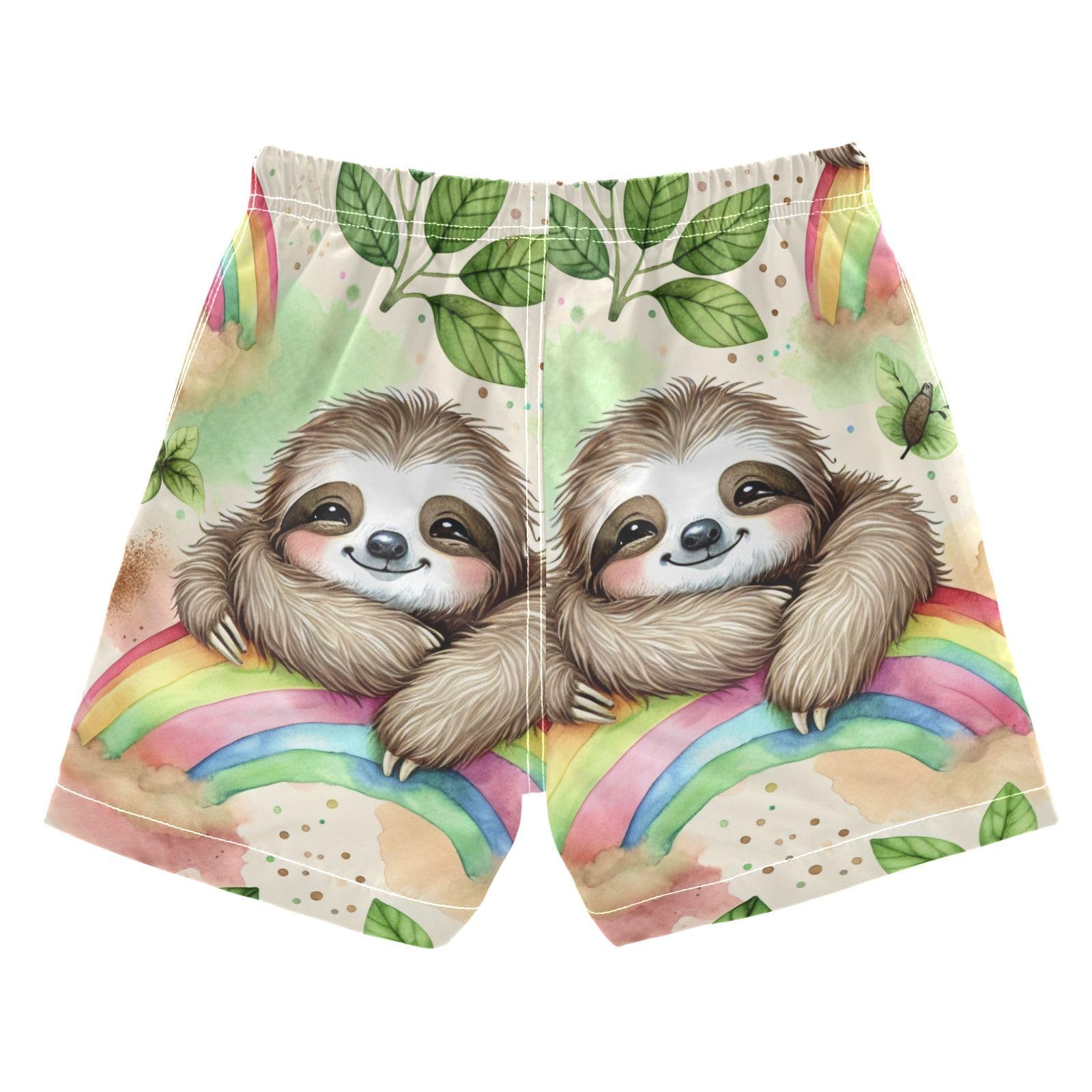 FLildon Sloth on Rainbow Little Boys Swim Trunks with Mesh Lining Quick Dry Beach Board Shorts, 3T