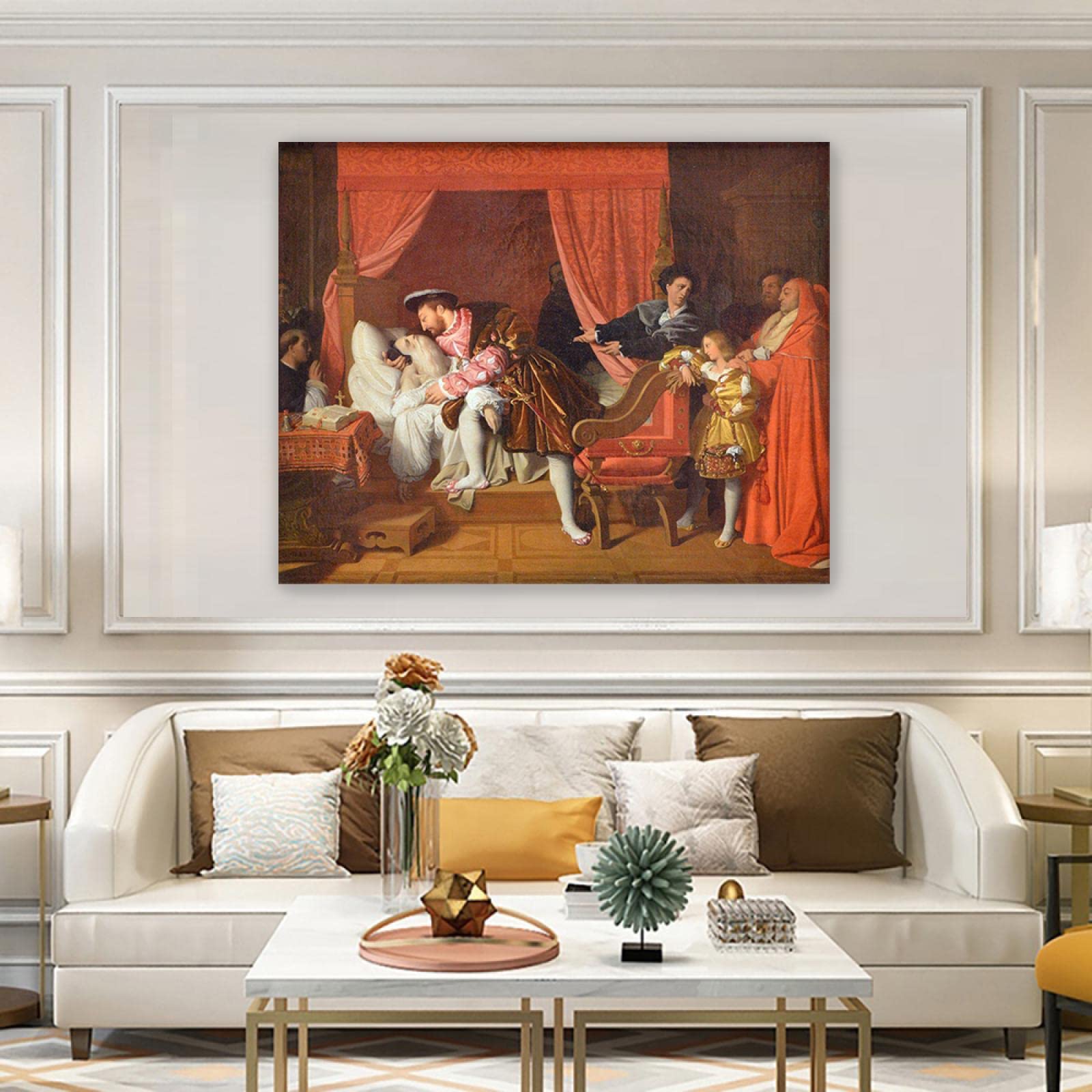Jacques-Louis David słynne obrazy olejne reprodukcja na płótnie (Śmierć Leonardo da Vinci) plakaty i wydruki klasyczne płótno sztuka ścienna obrazy krajobrazu 60 x 80 cm oprawione