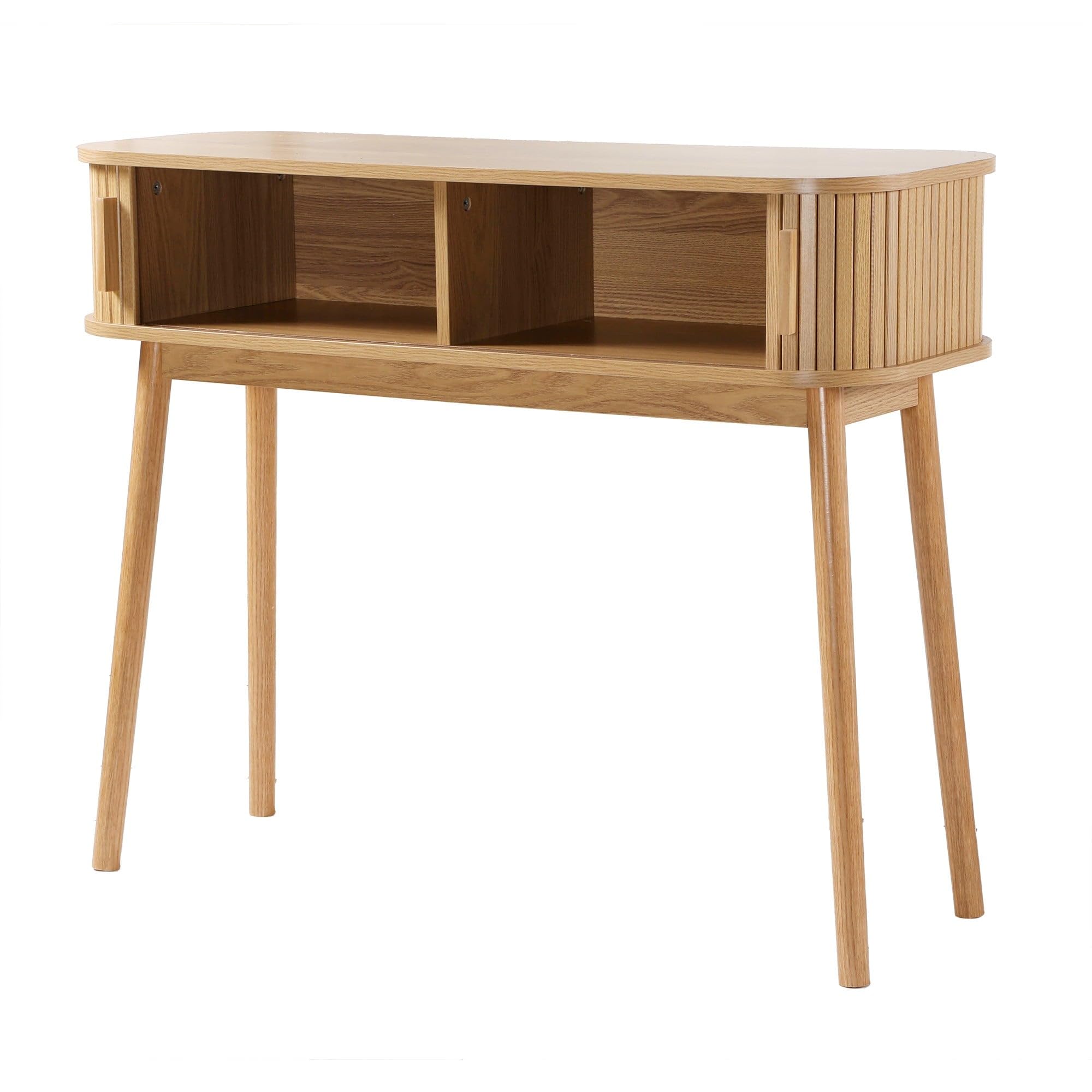 Calicosy – Consola de 2 puertas correderas – Fachada ranurada – Decoraciones de roble – Paneles de partículas – Patas de pino – Asas de madera – Entrada, Pasillo, Salón – Estilo natural – 100 x 35 x