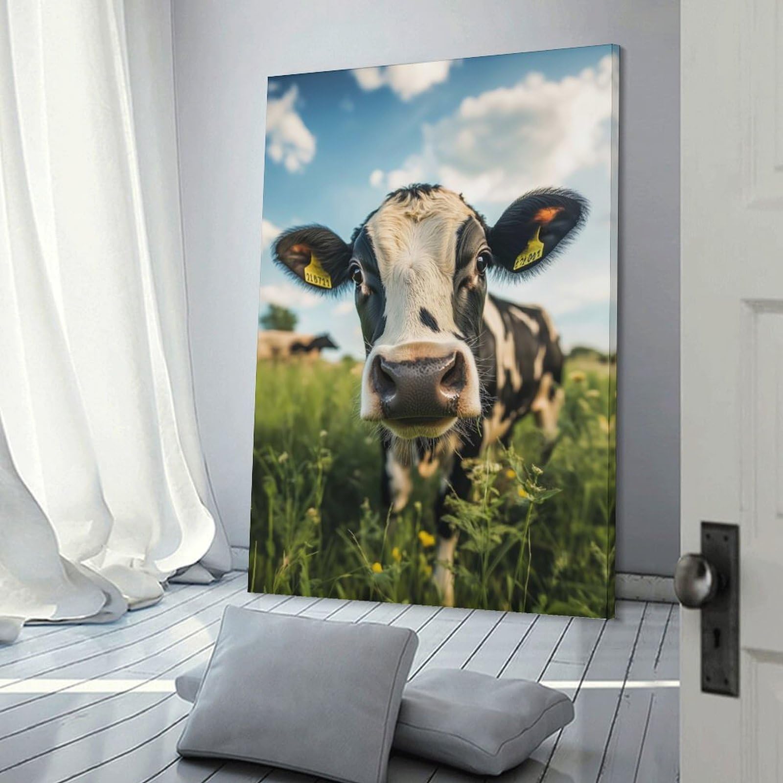 Junmoney Frame-Style-20 Decorative Wall Artwork Curious Cow In Field, 24X36inch(60X90cm), For New Homes, Bedrooms Or Workspaces, Canvas Artwork With Gifting Potential