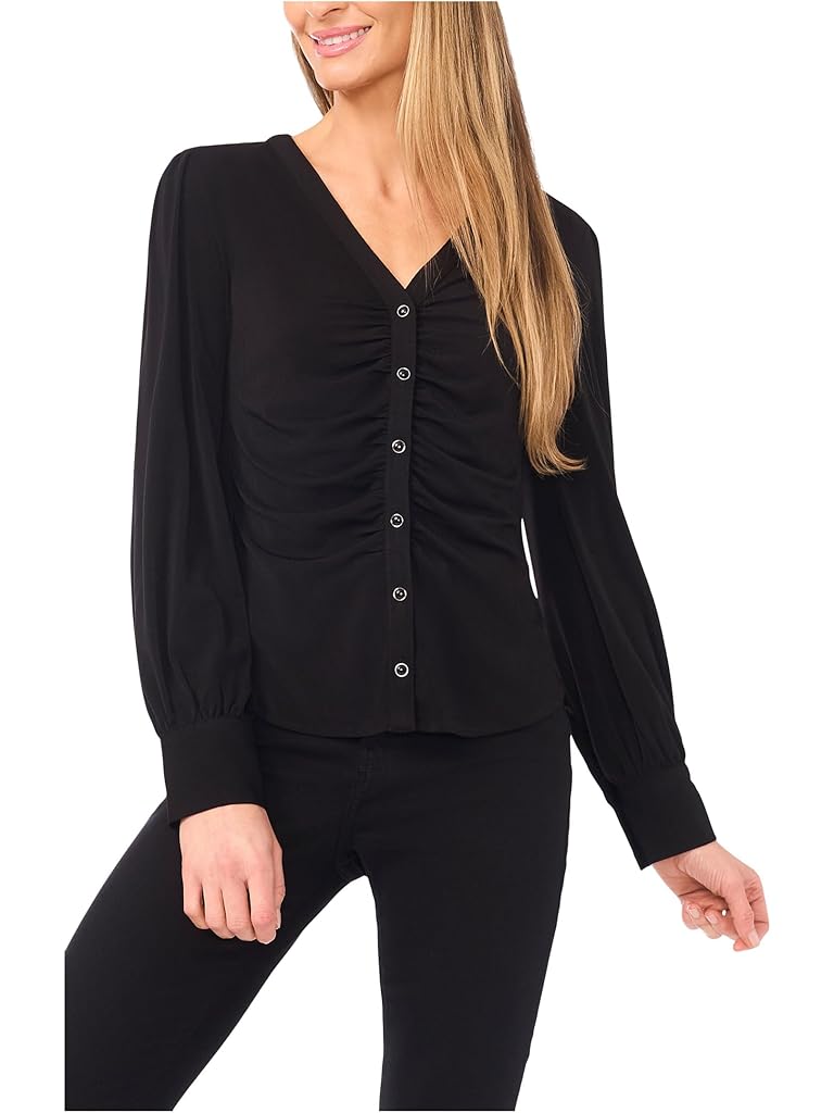 Black CeCe Long Sleeve V-neck Shirred Button Down Knit